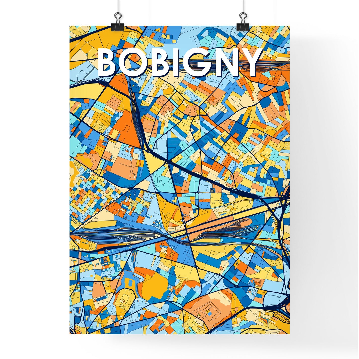 BOBIGNY FRANCE Vibrant Colorful Art Map Poster Blue Orange