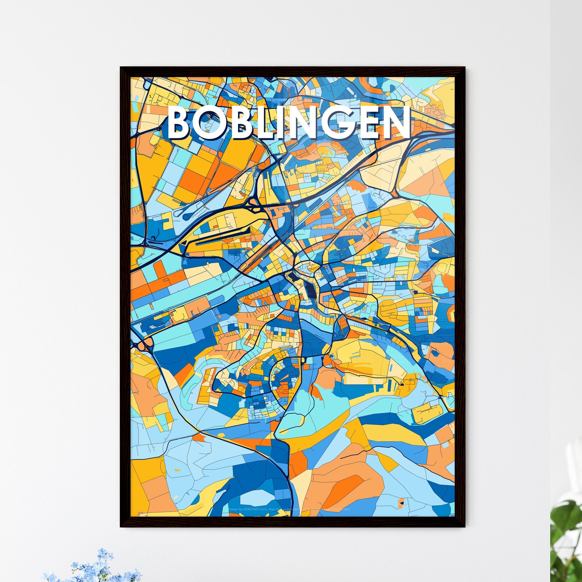 BOBLINGEN GERMANY Vibrant Colorful Art Map Poster Blue Orange