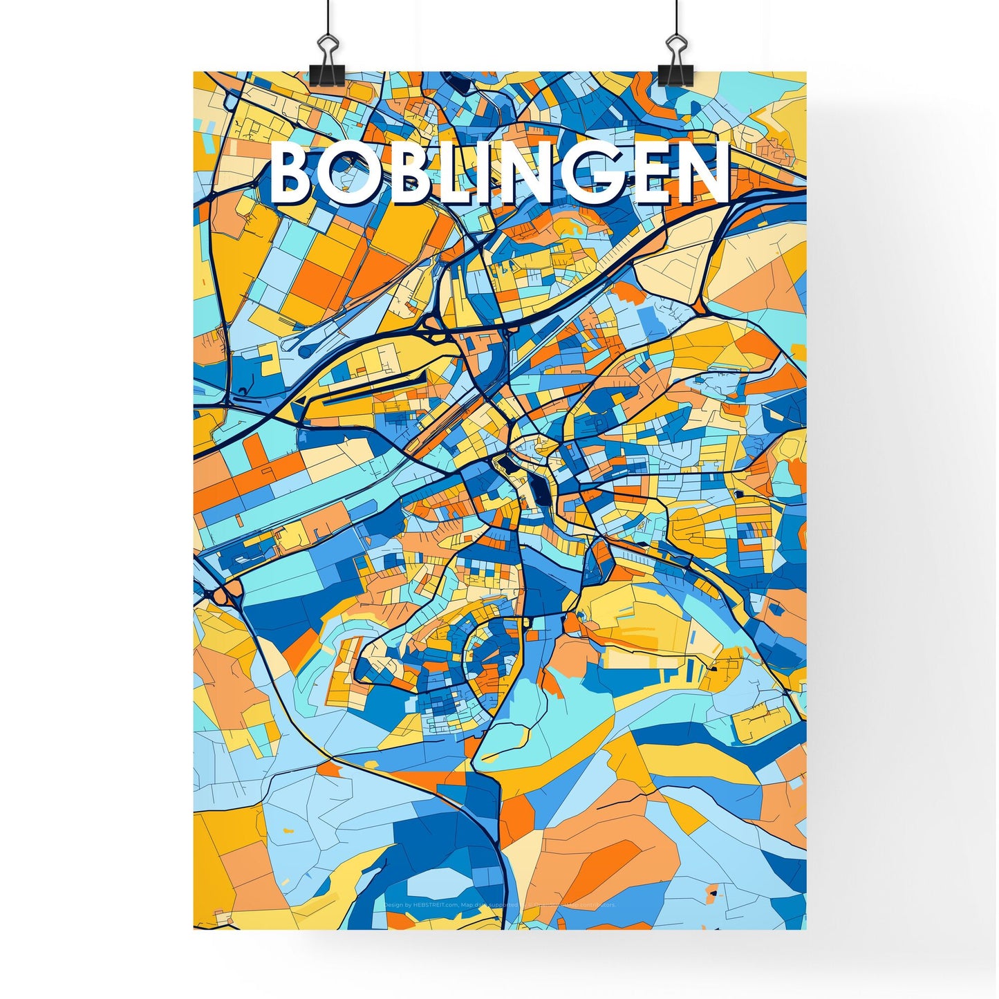 BOBLINGEN GERMANY Vibrant Colorful Art Map Poster Blue Orange