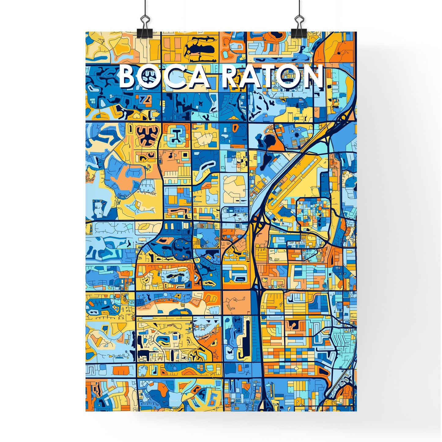 BOCA RATON FLORIDA Vibrant Colorful Art Map Poster Blue Orange