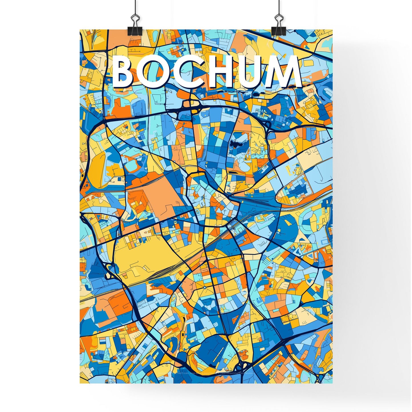 BOCHUM GERMANY Vibrant Colorful Art Map Poster Blue Orange