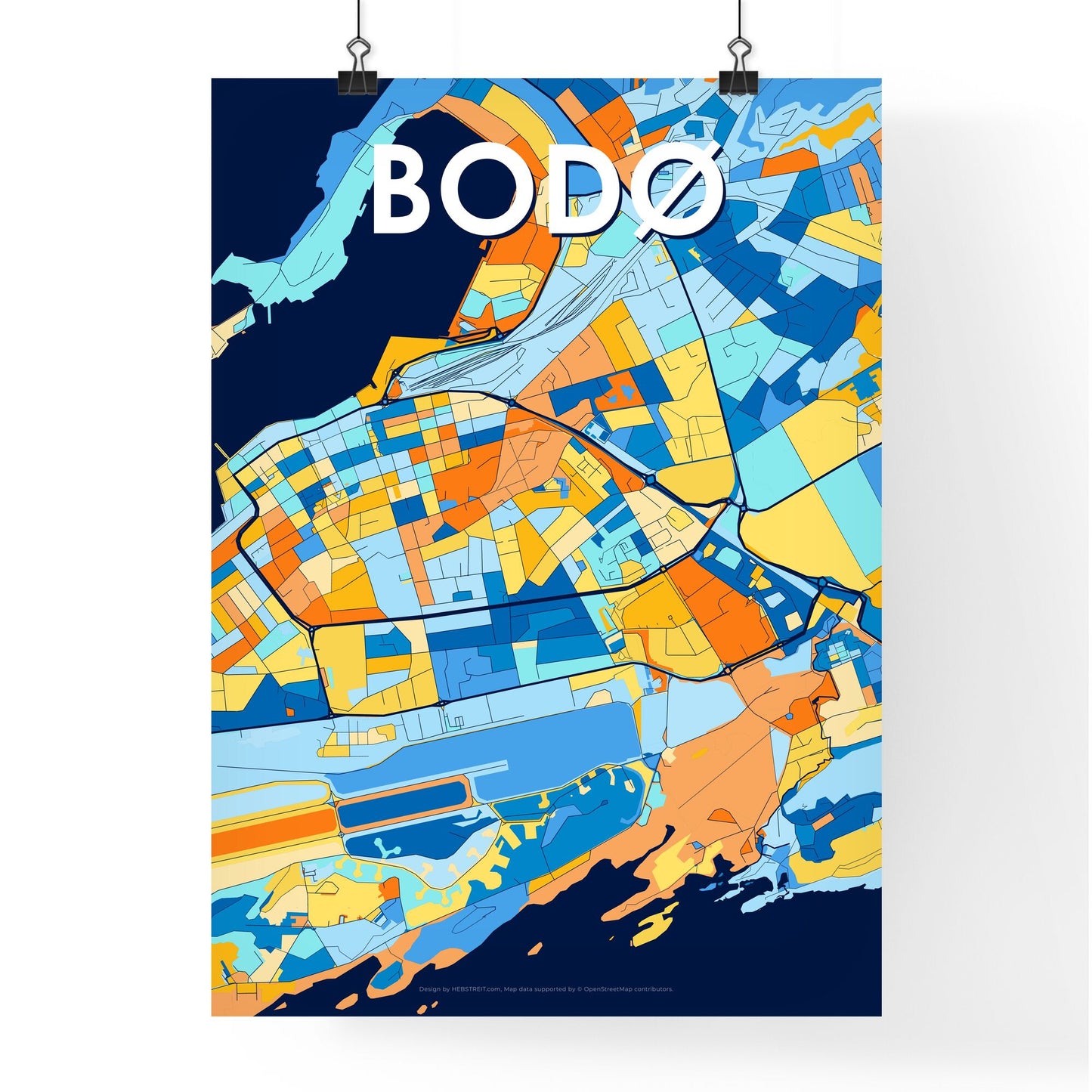 BODØ NORWAY Vibrant Colorful Art Map Poster Blue Orange