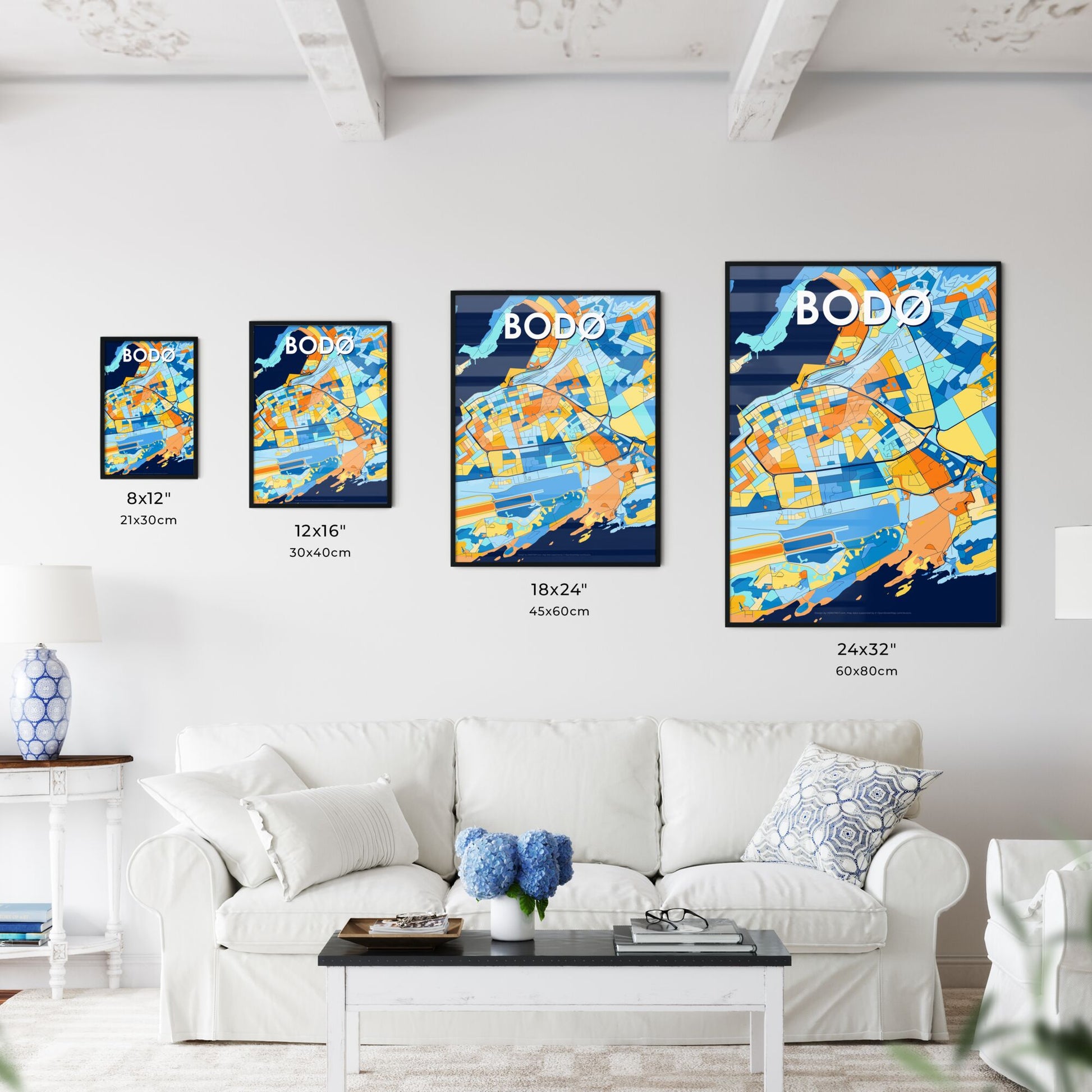 BODØ NORWAY Vibrant Colorful Art Map Poster Blue Orange