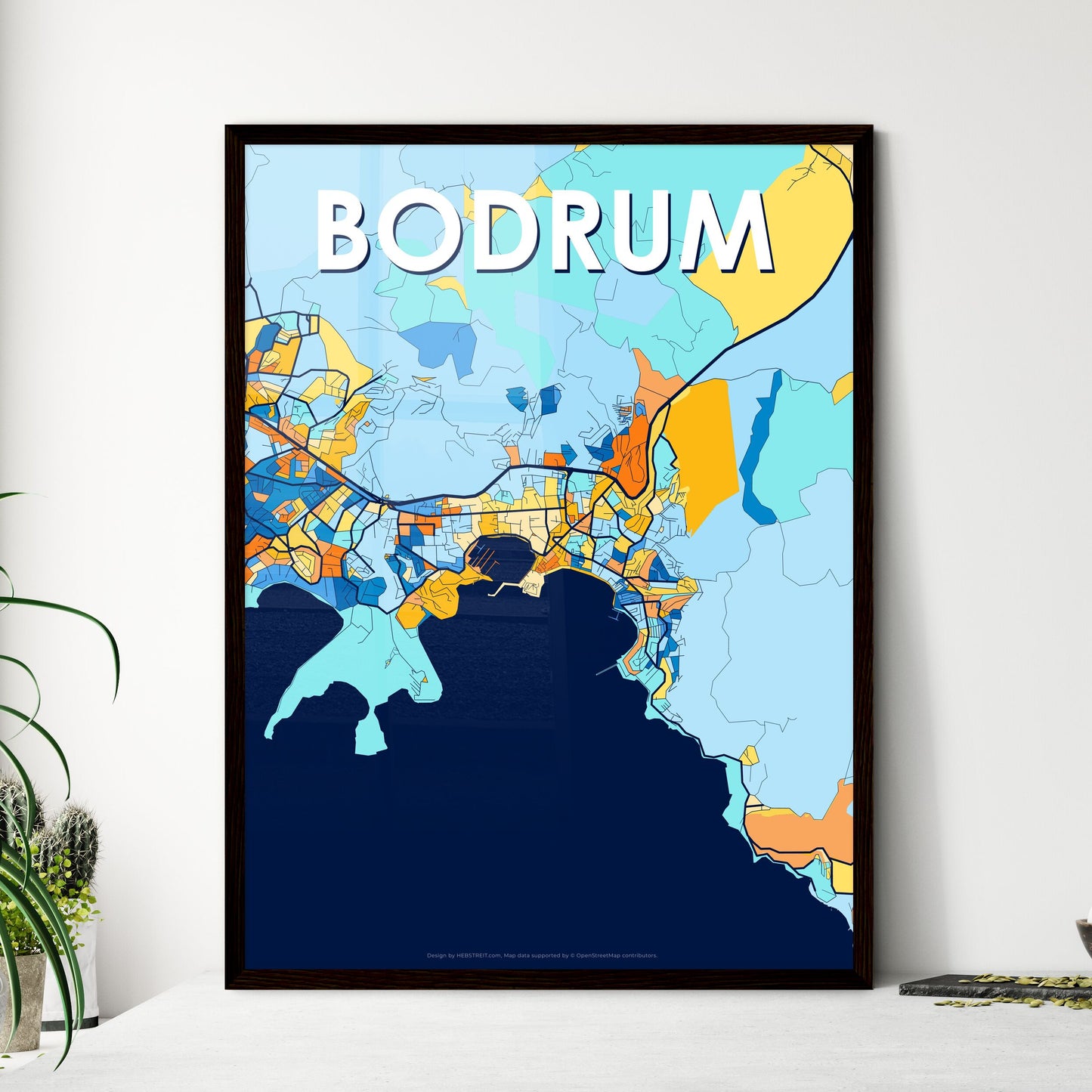 BODRUM TURKEY Vibrant Colorful Art Map Poster Blue Orange