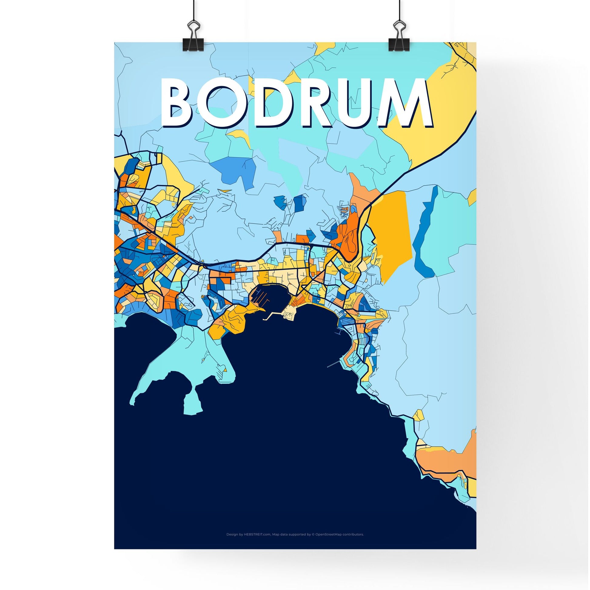 BODRUM TURKEY Vibrant Colorful Art Map Poster Blue Orange