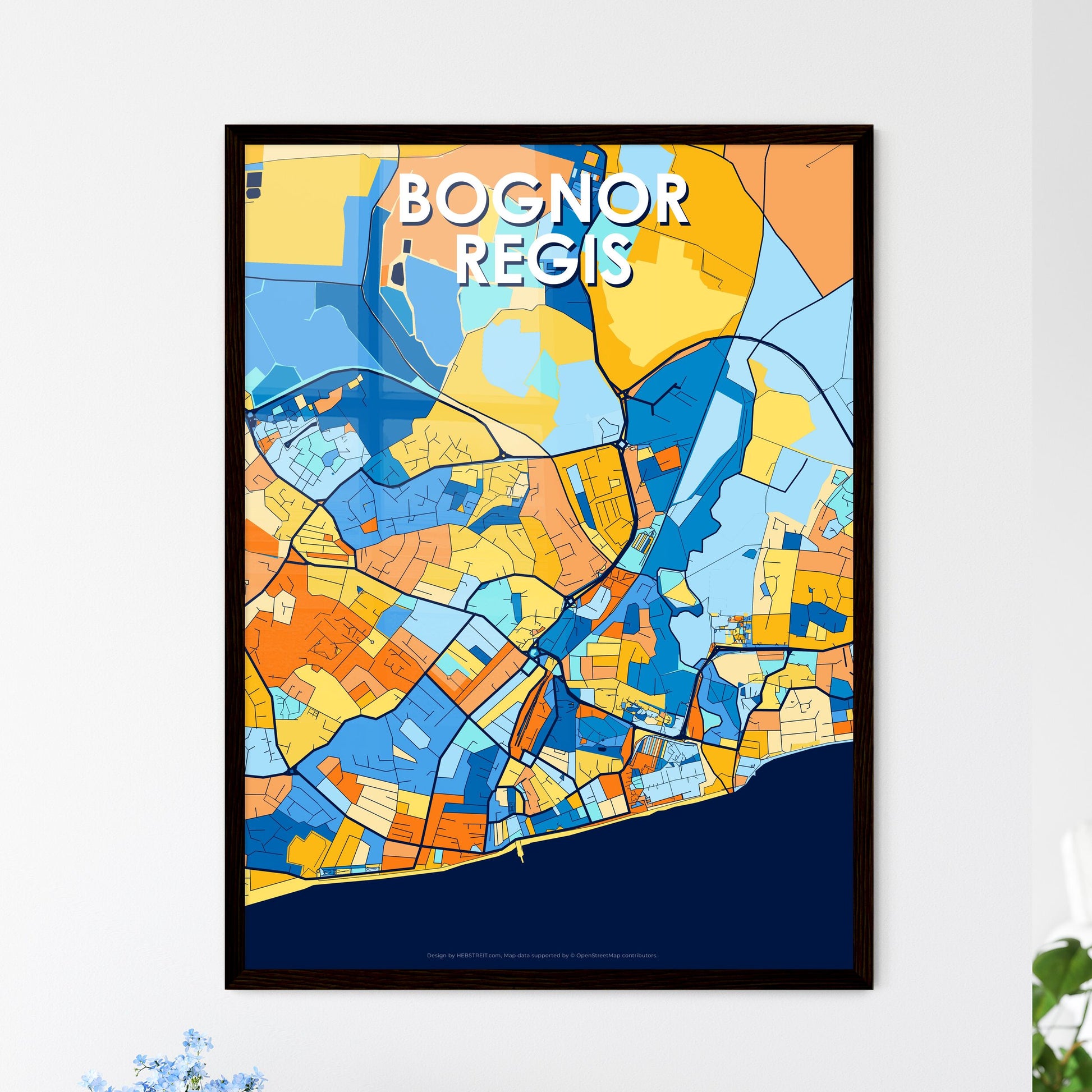 BOGNOR REGIS ENGLAND Vibrant Colorful Art Map Poster Blue Orange