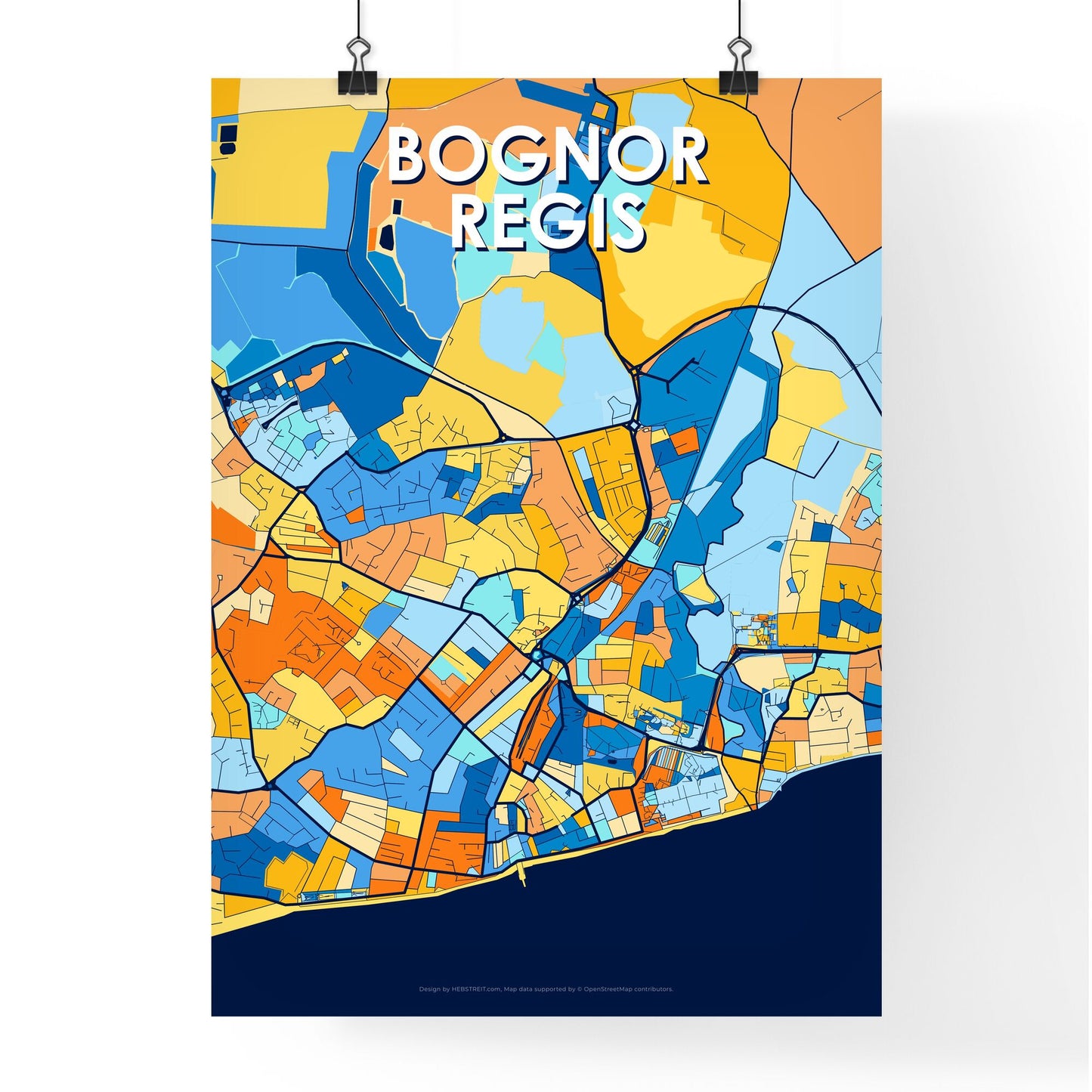 BOGNOR REGIS ENGLAND Vibrant Colorful Art Map Poster Blue Orange