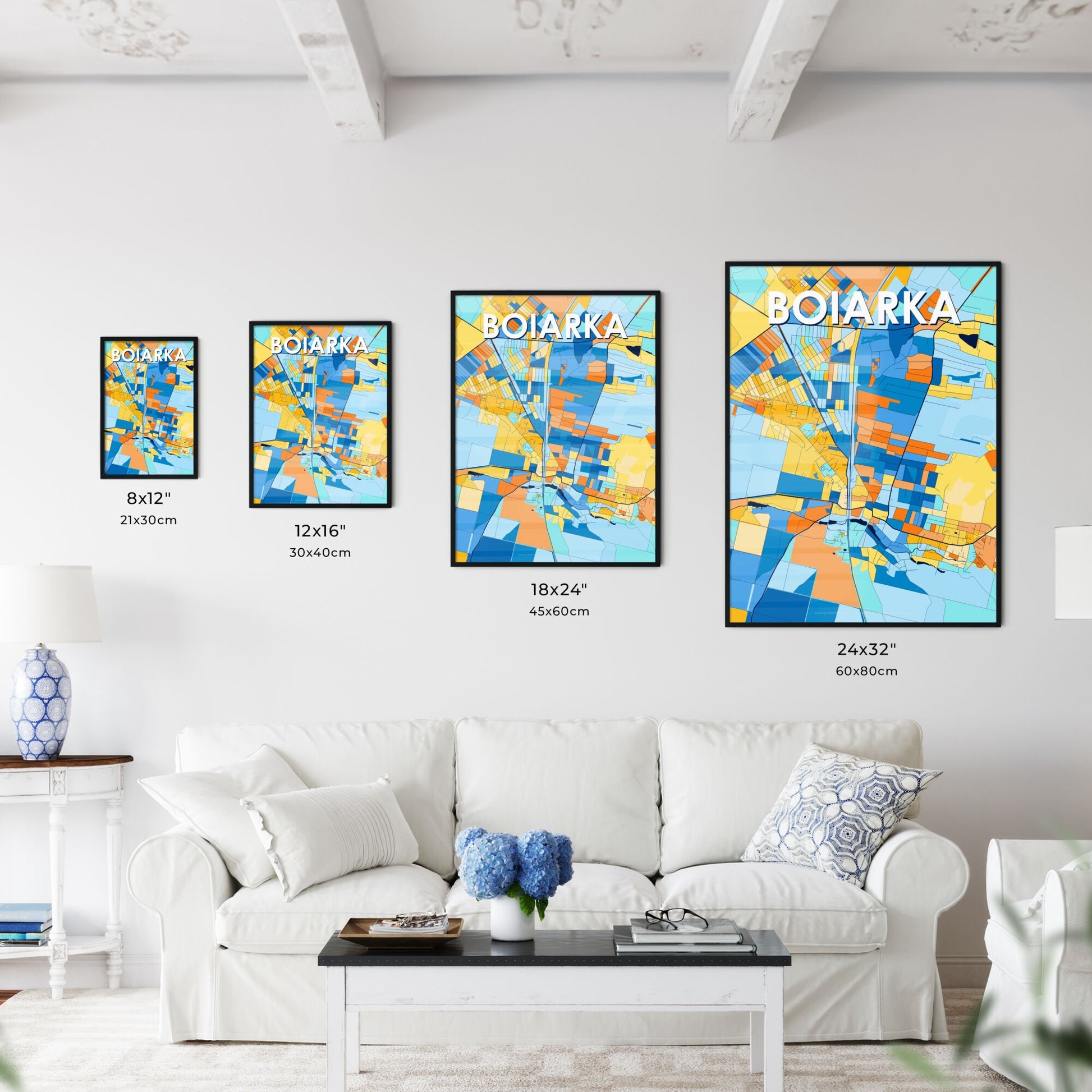 BOIARKA UKRAINE Vibrant Colorful Art Map Poster Blue Orange