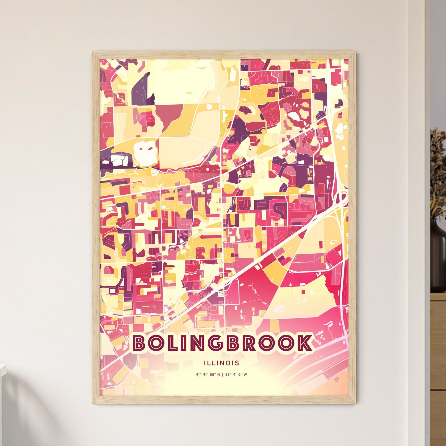 Colorful Bolingbrook Illinois Fine Art Map Hot Red