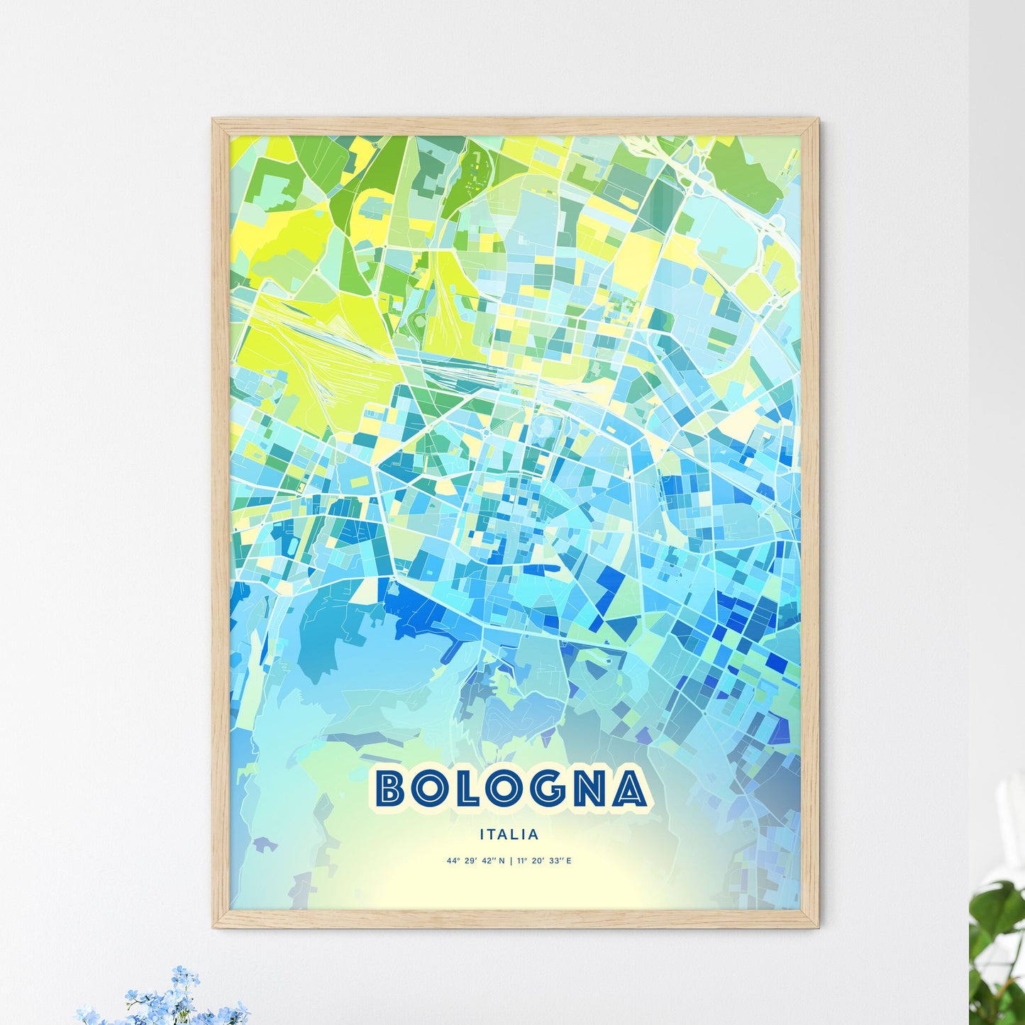 Colorful Bologna Italy Fine Art Map Cool Blue