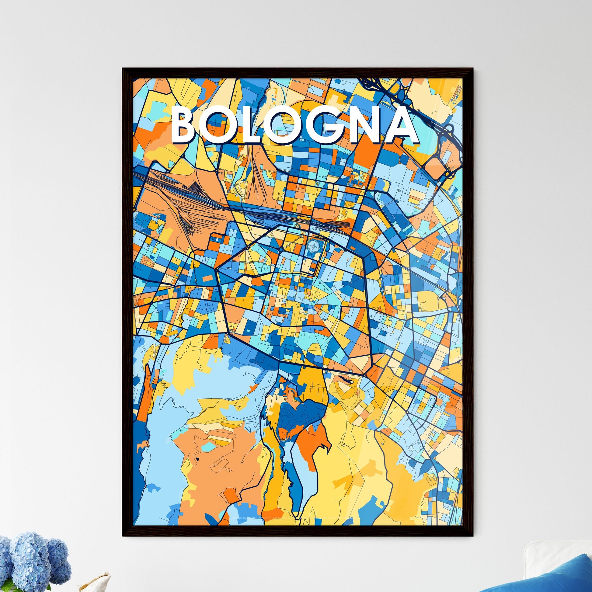 BOLOGNA ITALY Vibrant Colorful Art Map Poster Blue Orange