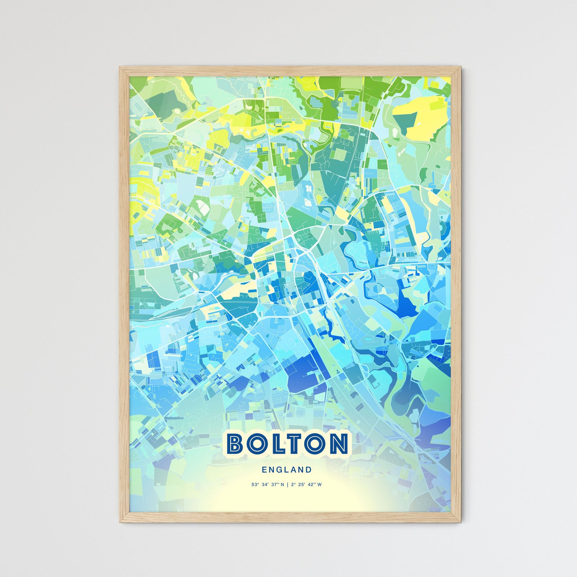 Colorful Bolton England Fine Art Map Cool Blue