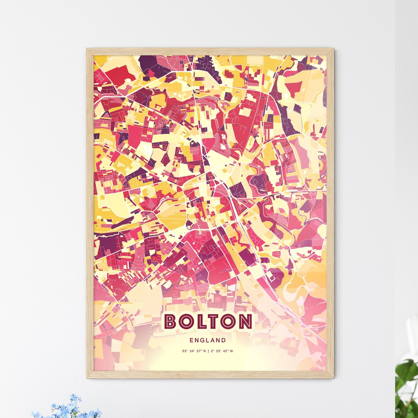 Colorful Bolton England Fine Art Map Hot Red