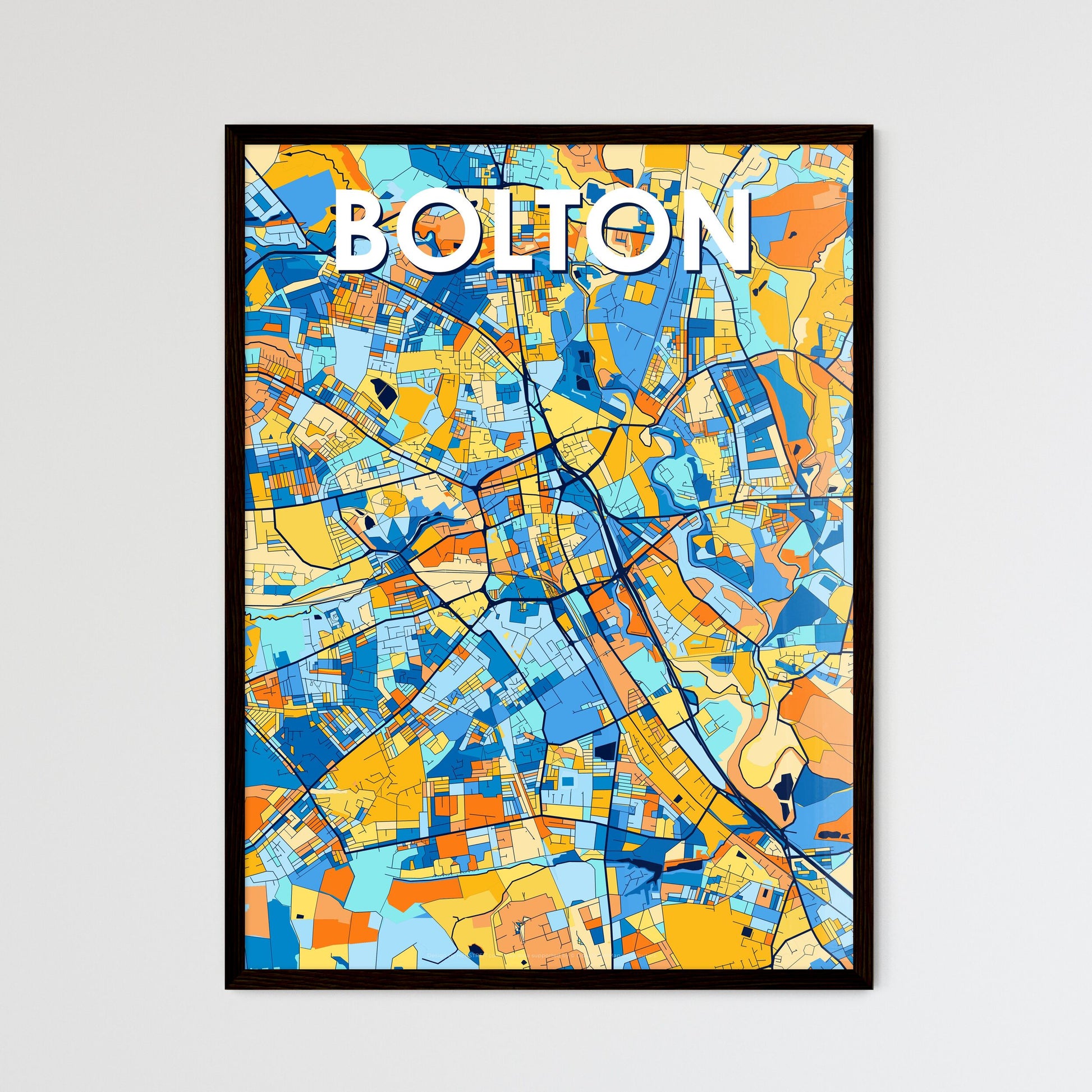 BOLTON ENGLAND Vibrant Colorful Art Map Poster Blue Orange