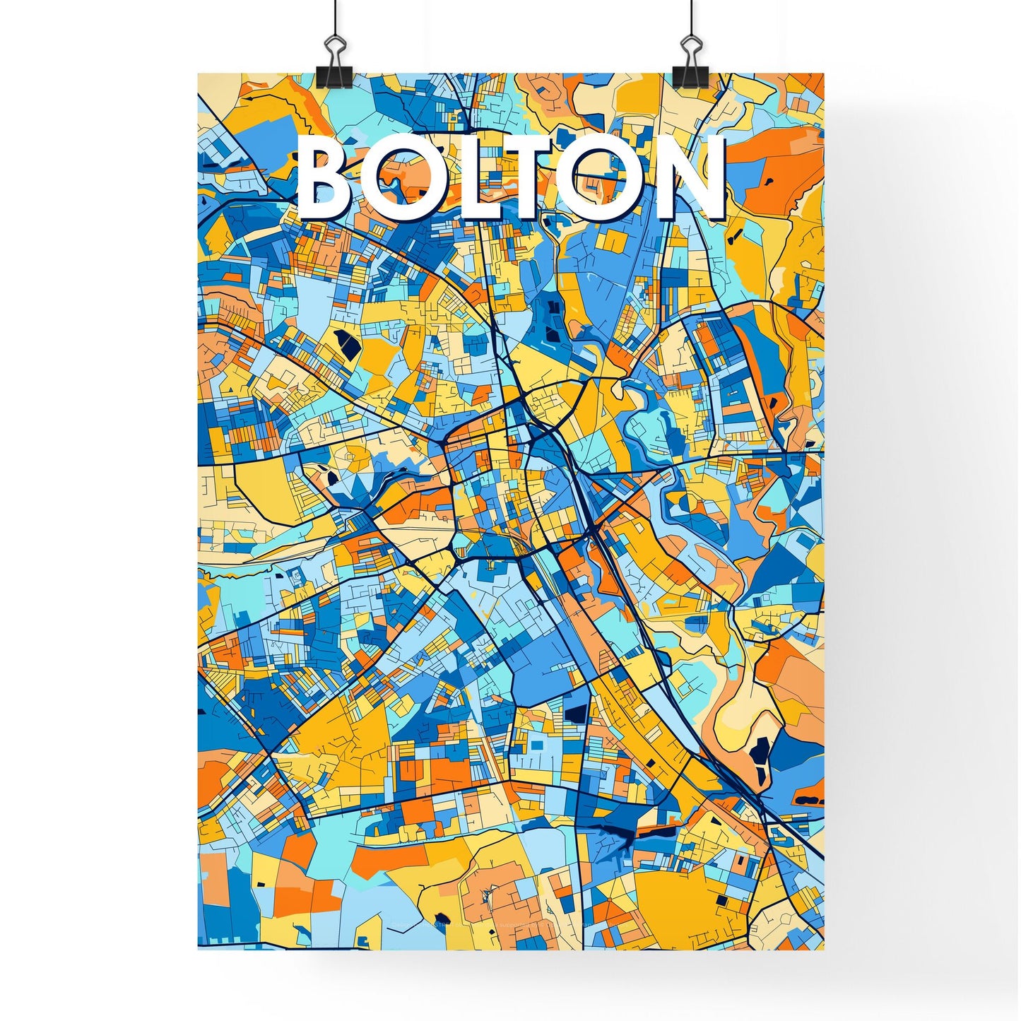 BOLTON ENGLAND Vibrant Colorful Art Map Poster Blue Orange