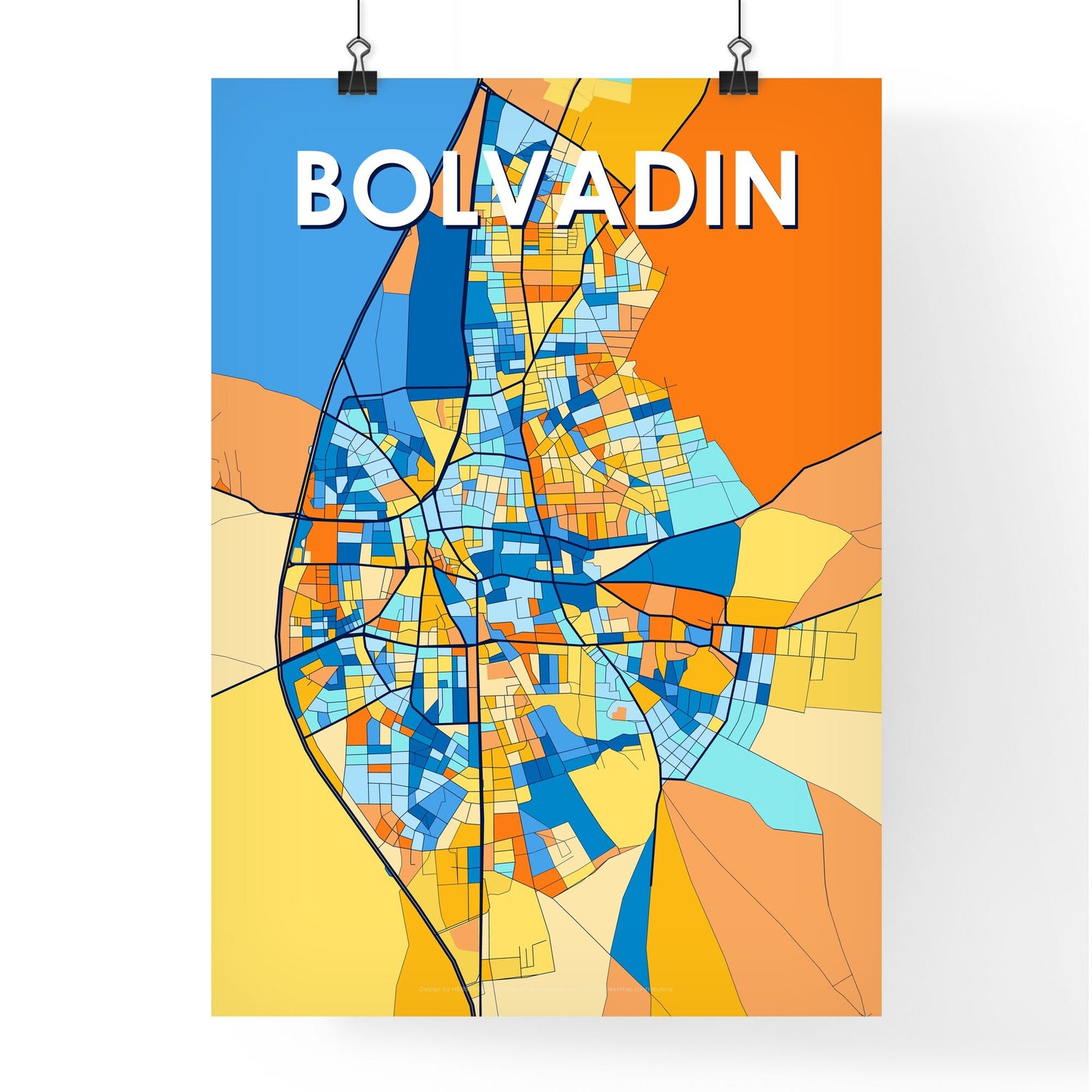 BOLVADIN TURKEY Vibrant Colorful Art Map Poster Blue Orange