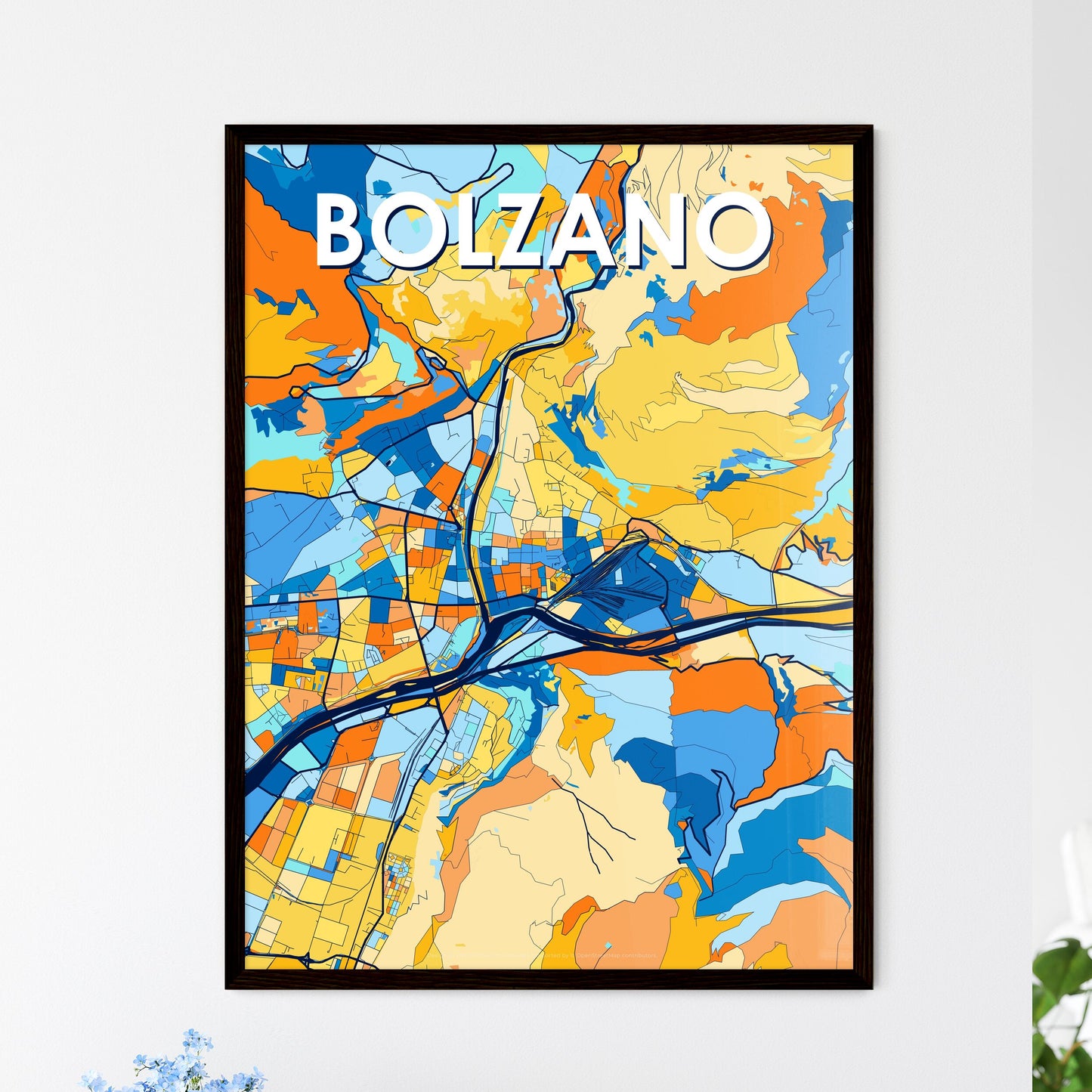 BOLZANO ITALY Vibrant Colorful Art Map Poster Blue Orange