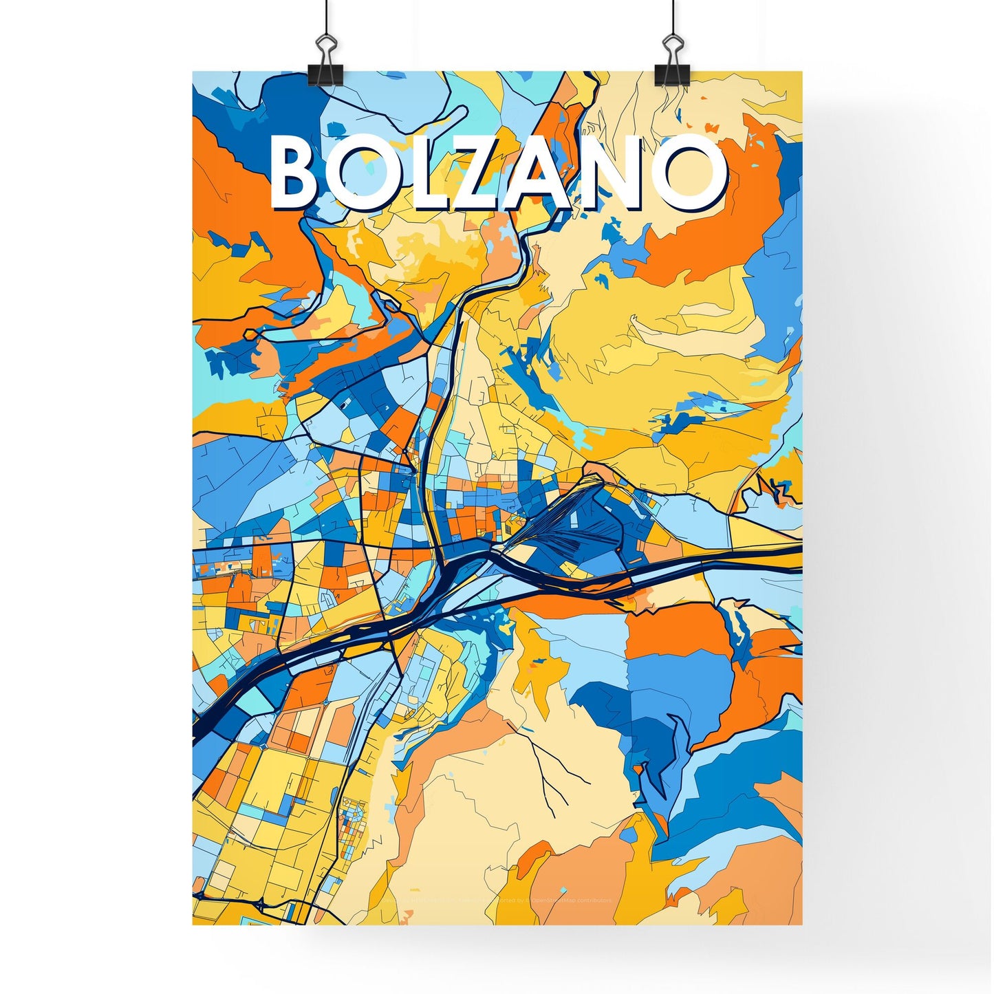 BOLZANO ITALY Vibrant Colorful Art Map Poster Blue Orange