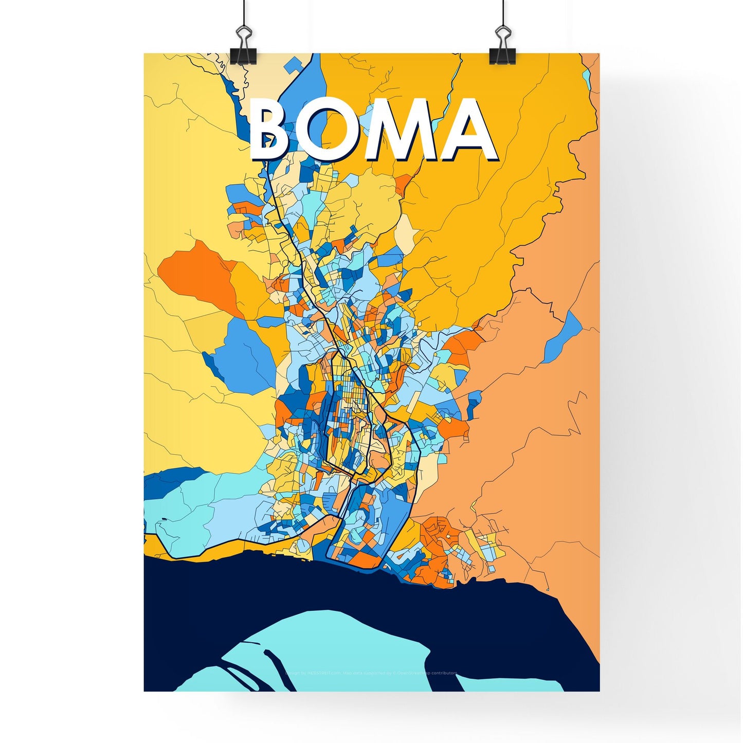 BOMA DR CONGO Vibrant Colorful Art Map Poster Blue Orange