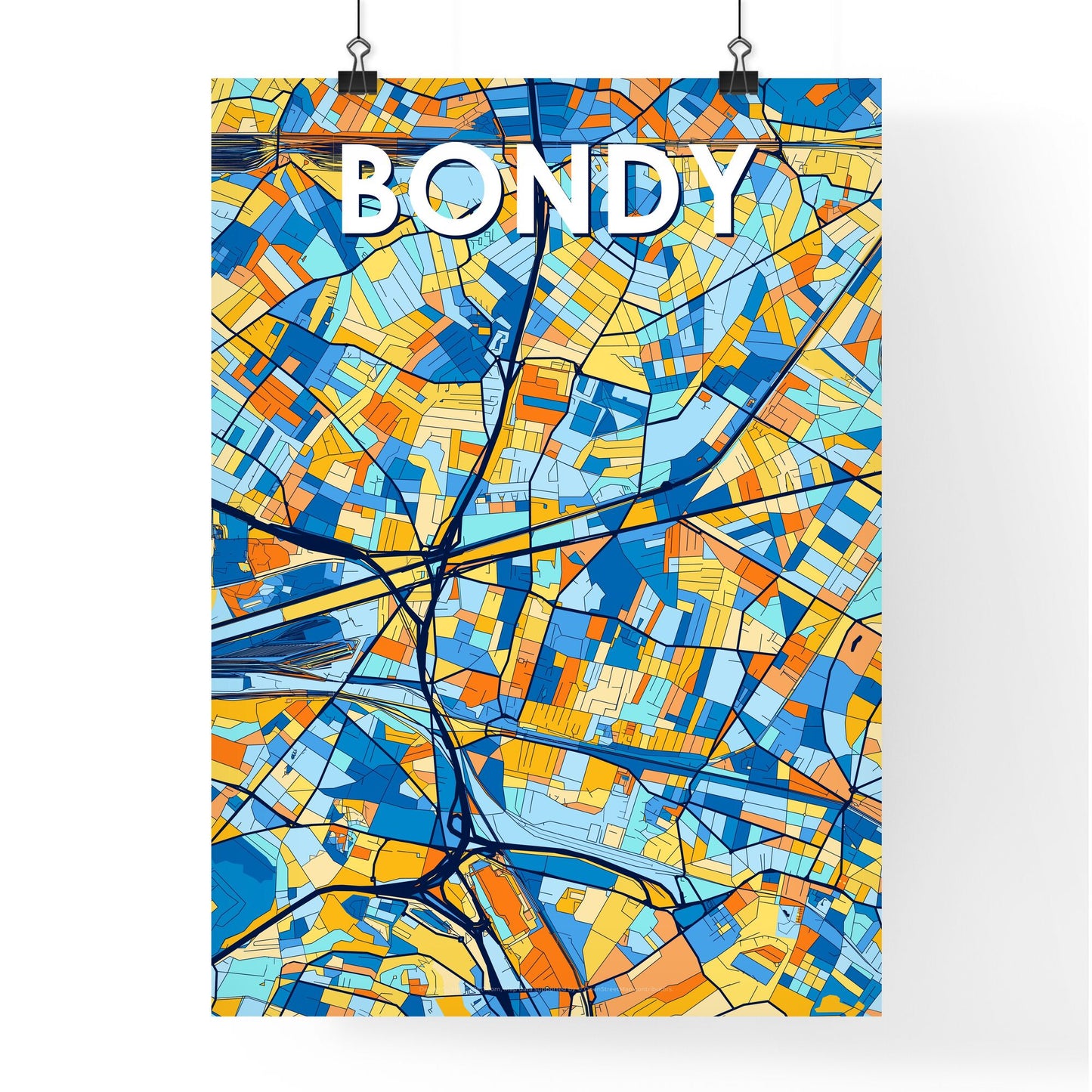 BONDY FRANCE Vibrant Colorful Art Map Poster Blue Orange