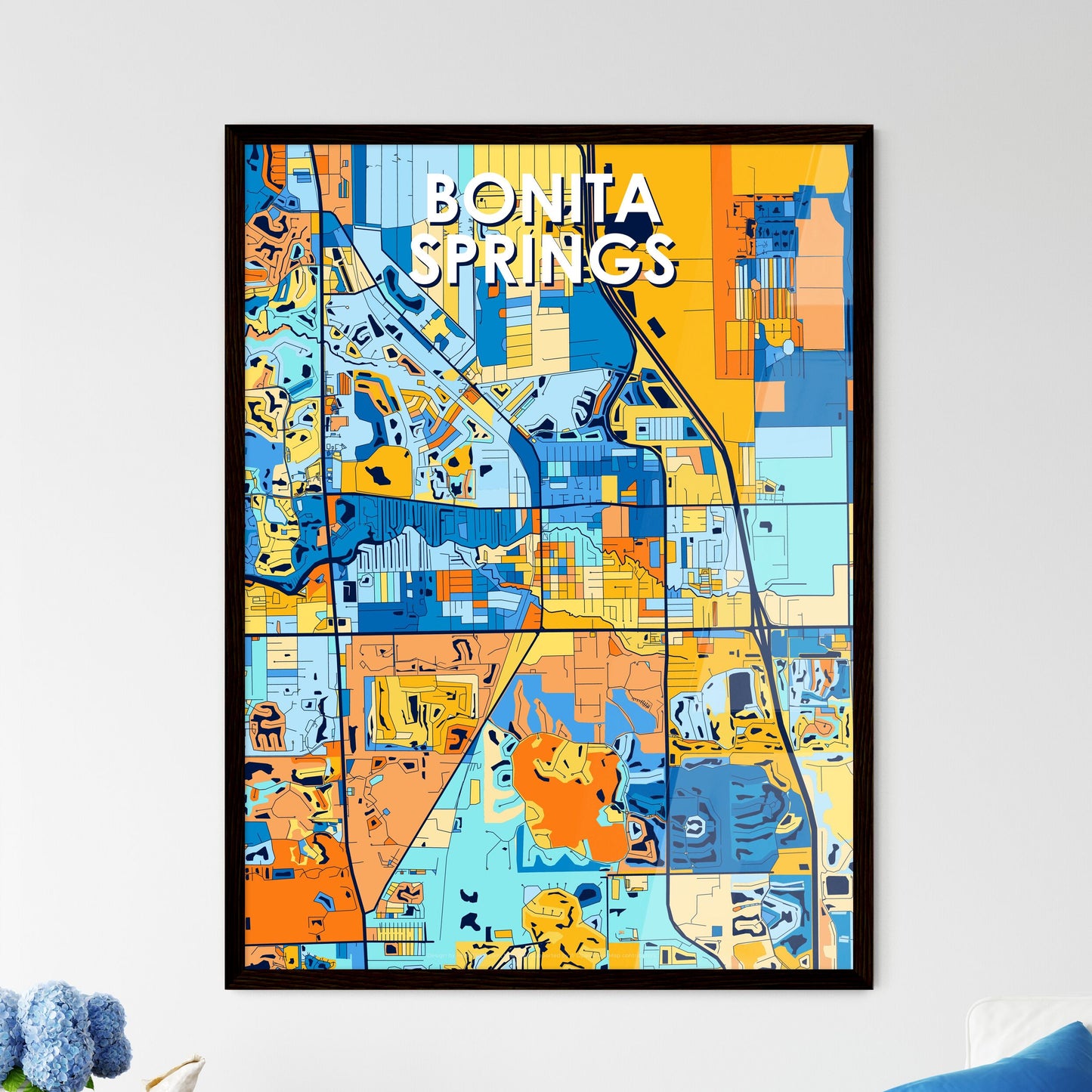 BONITA SPRINGS FLORIDA Vibrant Colorful Art Map Poster Blue Orange