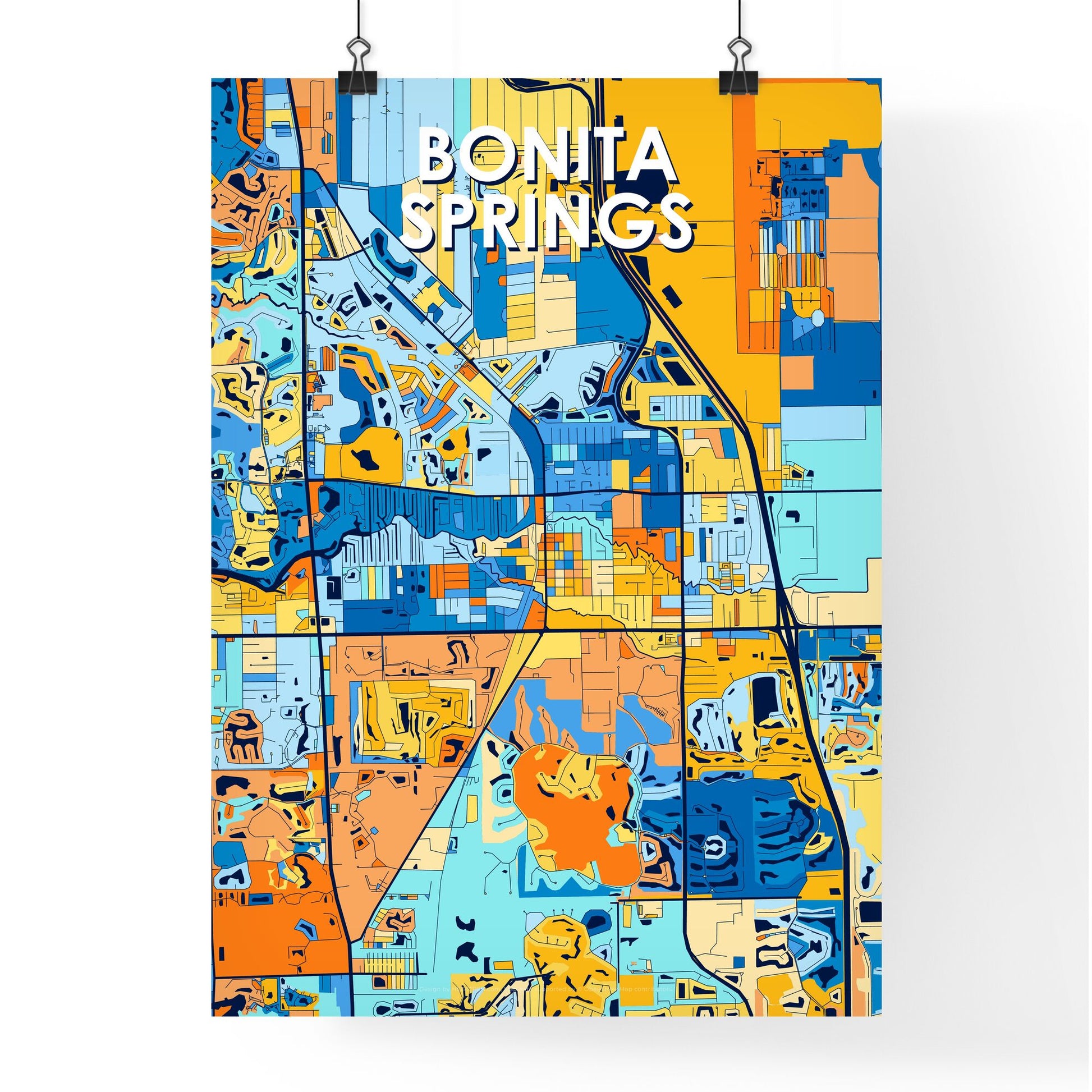 BONITA SPRINGS FLORIDA Vibrant Colorful Art Map Poster Blue Orange