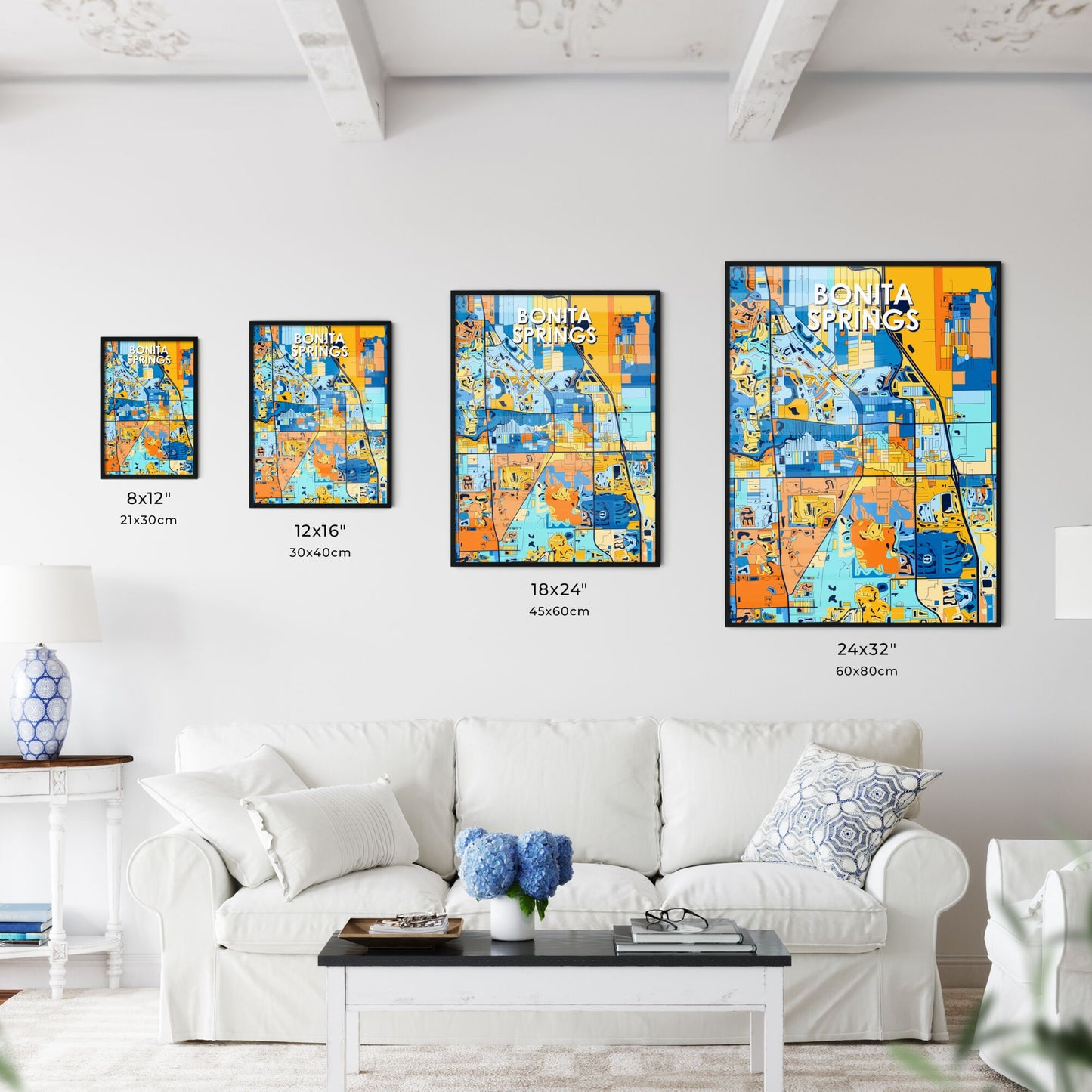 BONITA SPRINGS FLORIDA Vibrant Colorful Art Map Poster Blue Orange