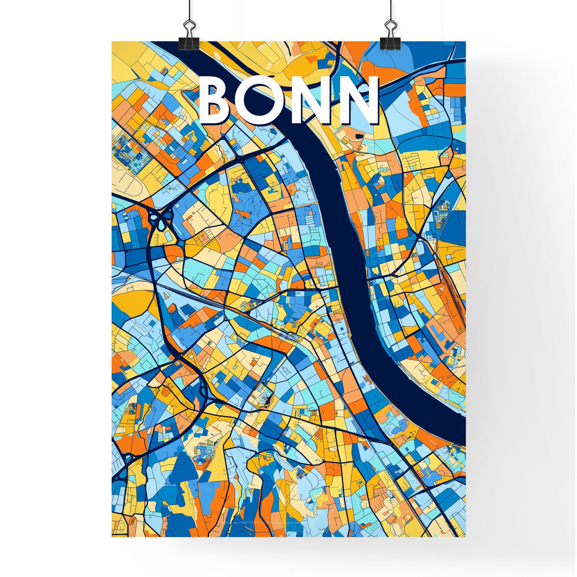 BONN GERMANY Vibrant Colorful Art Map Poster Blue Orange