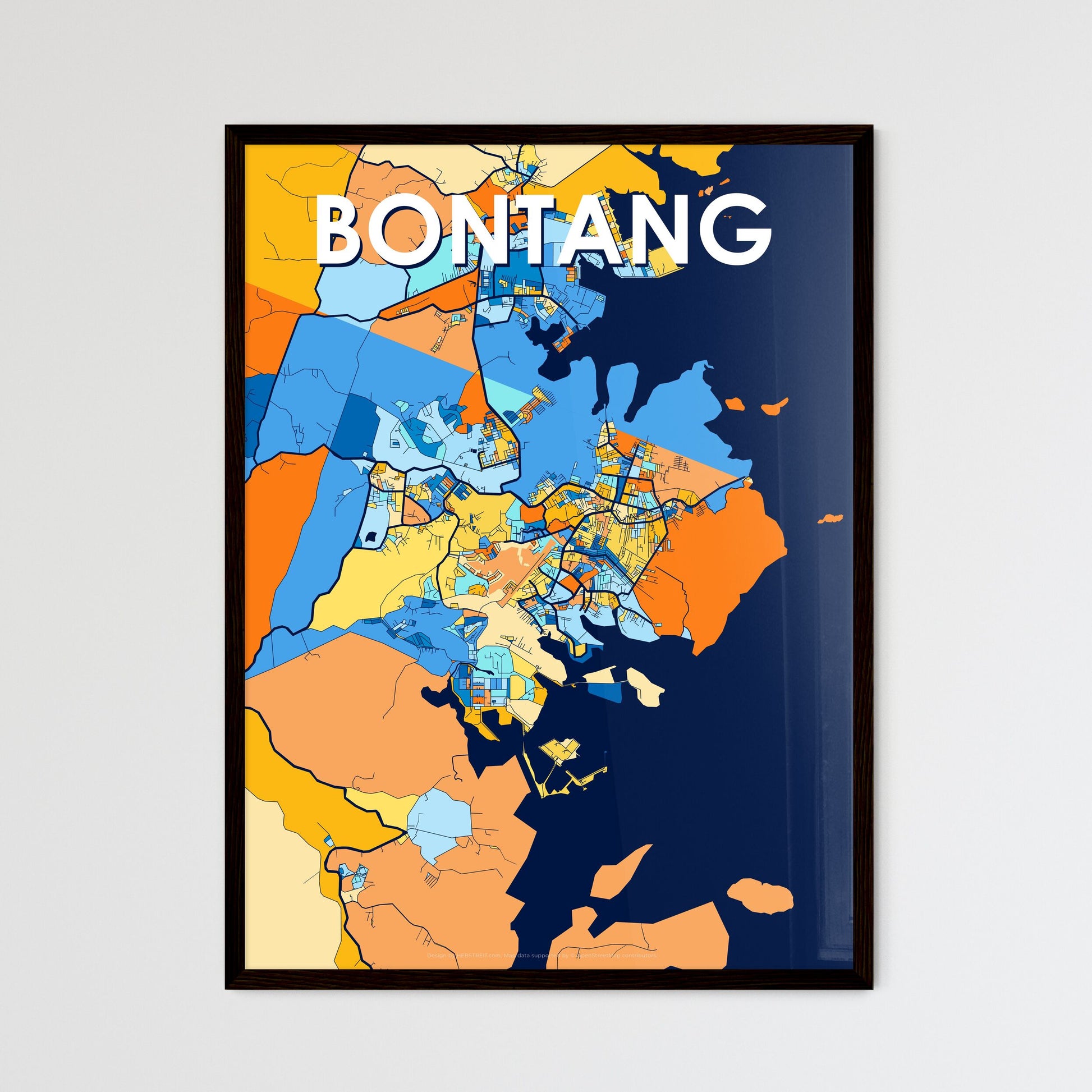 BONTANG INDONESIA Vibrant Colorful Art Map Poster Blue Orange