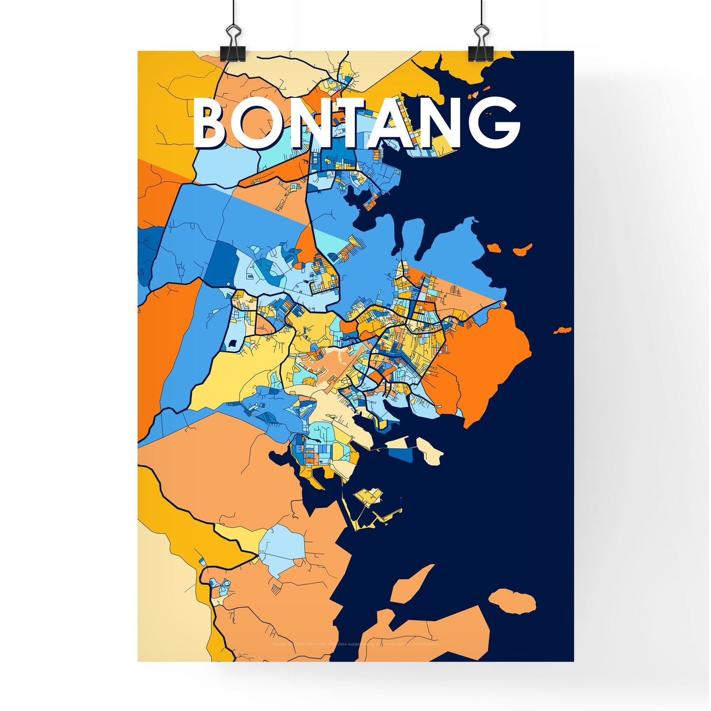 BONTANG INDONESIA Vibrant Colorful Art Map Poster Blue Orange