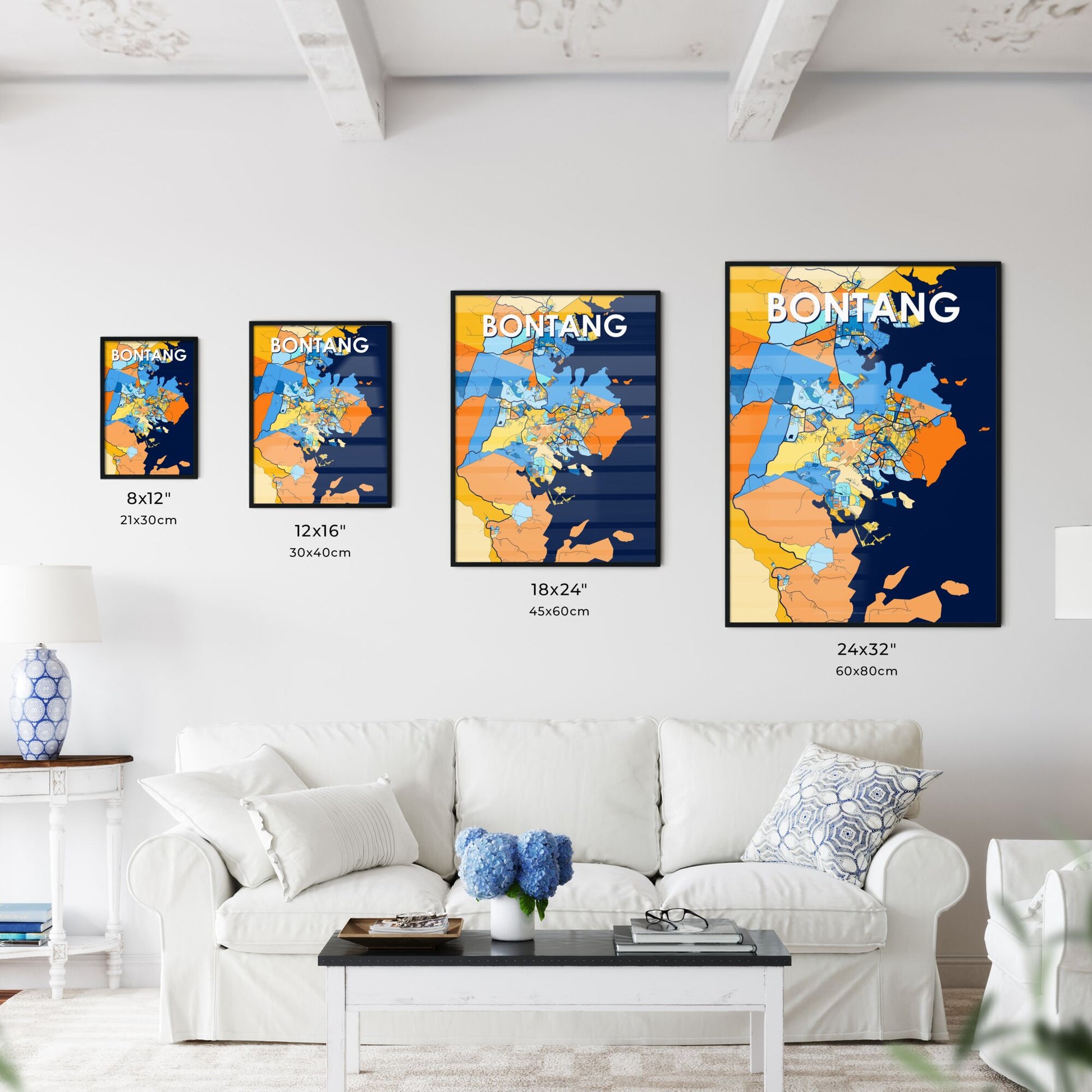 BONTANG INDONESIA Vibrant Colorful Art Map Poster Blue Orange