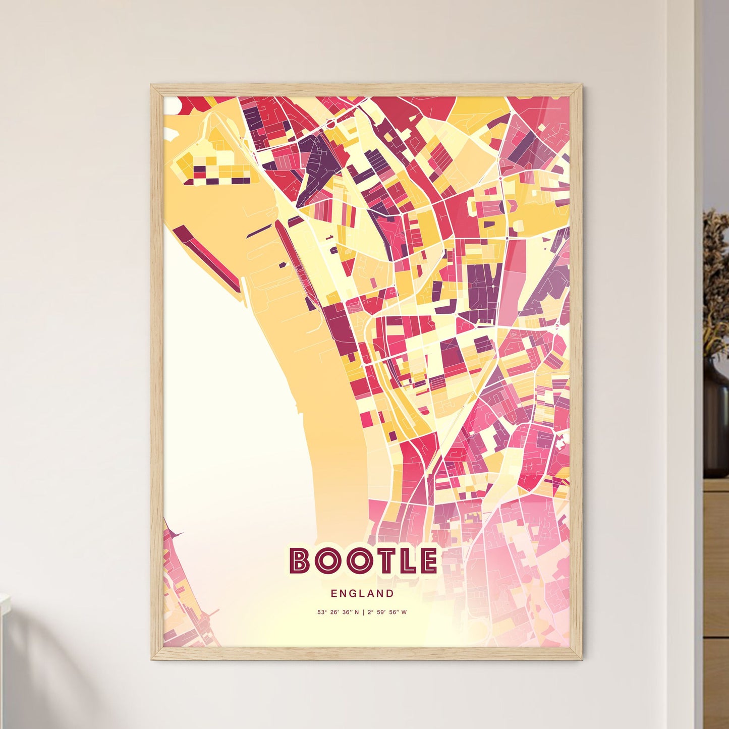 Colorful Bootle England Fine Art Map Hot Red