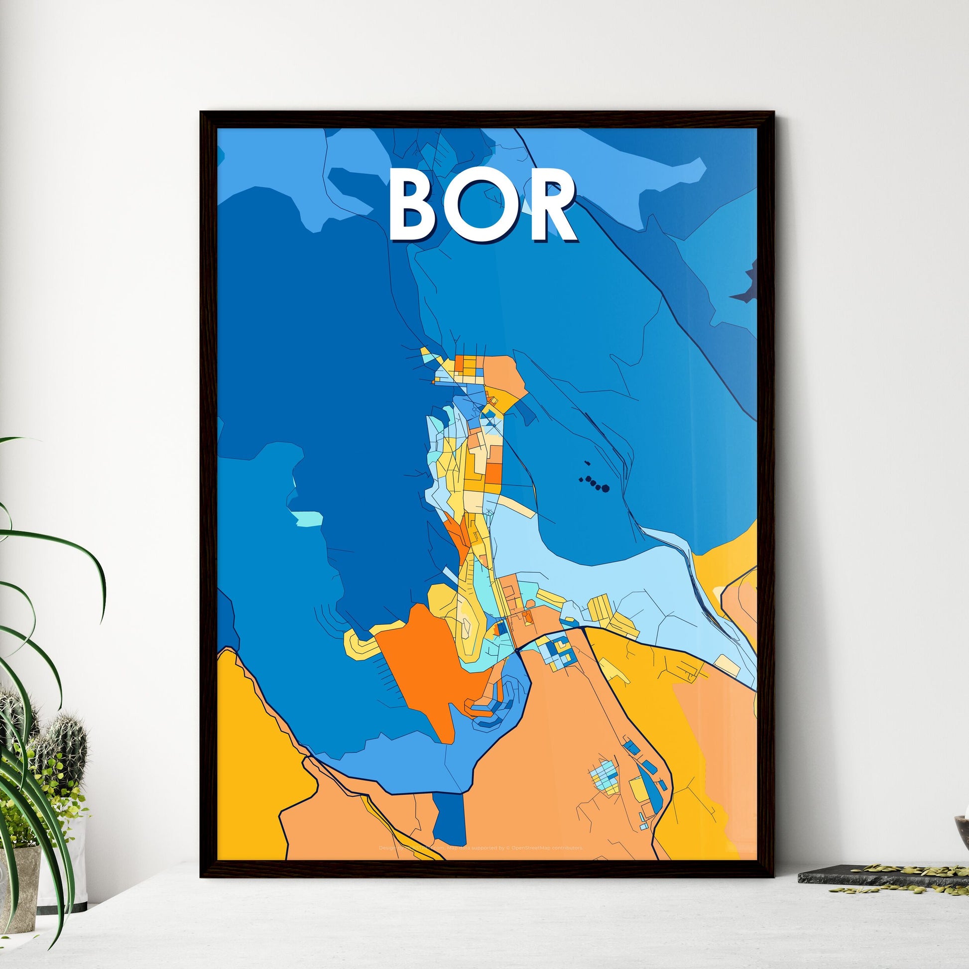 BOR SERBIA Vibrant Colorful Art Map Poster Blue Orange