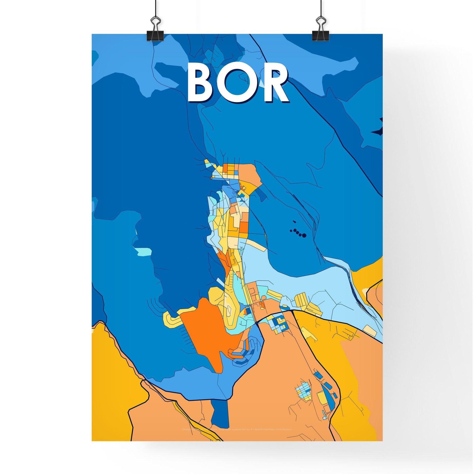 BOR SERBIA Vibrant Colorful Art Map Poster Blue Orange