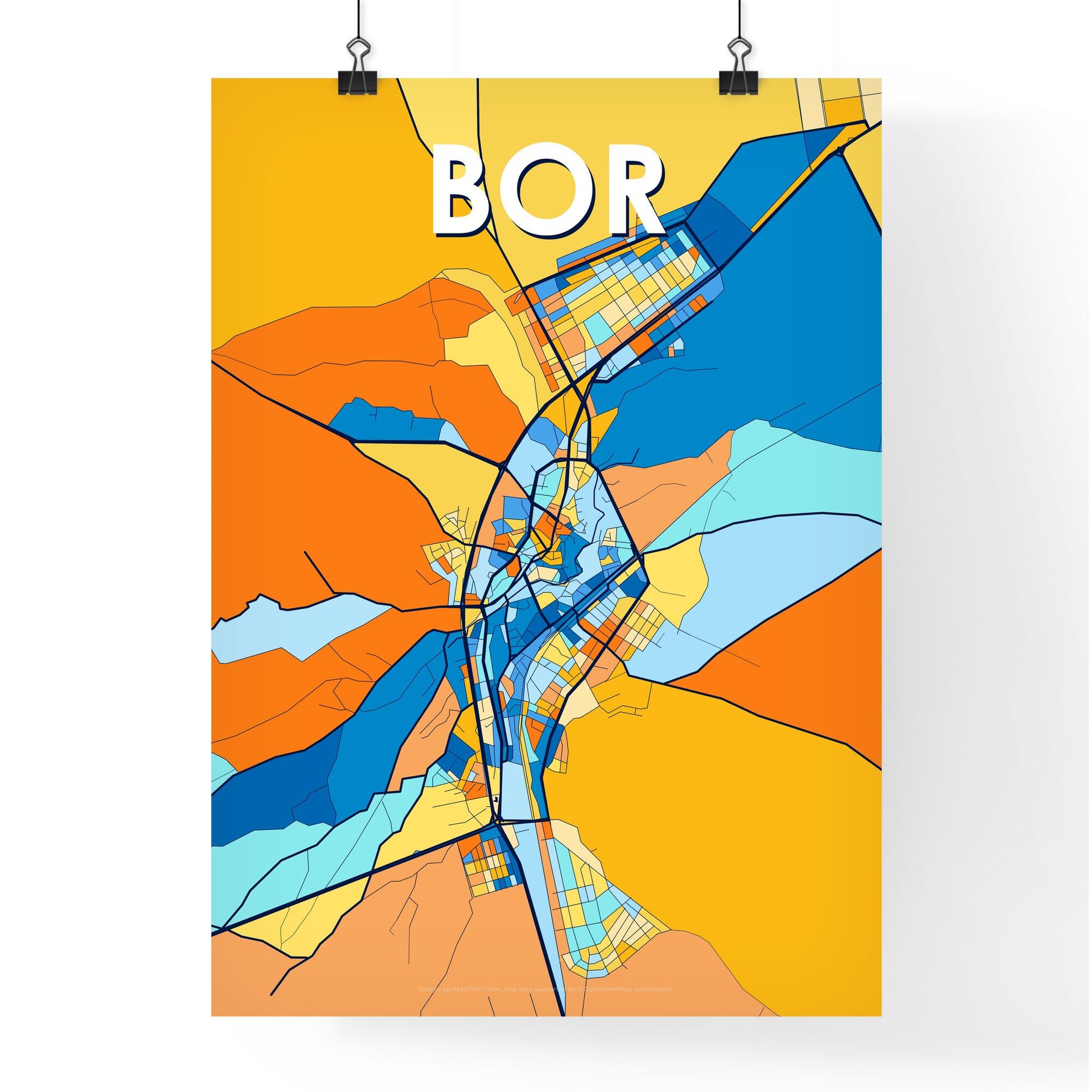 BOR TURKEY Vibrant Colorful Art Map Poster Blue Orange