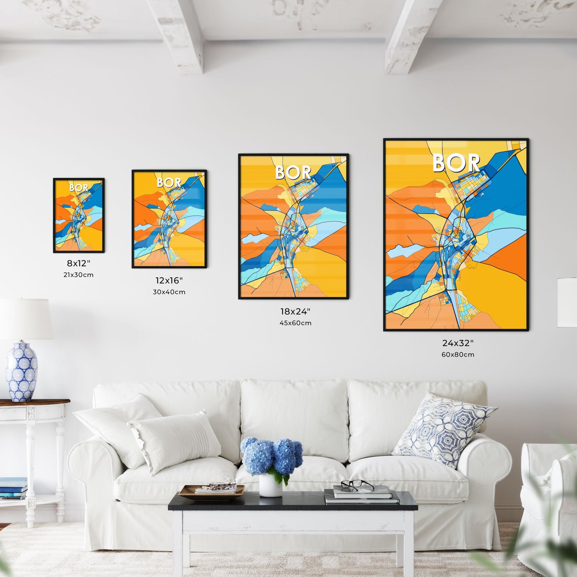 BOR TURKEY Vibrant Colorful Art Map Poster Blue Orange