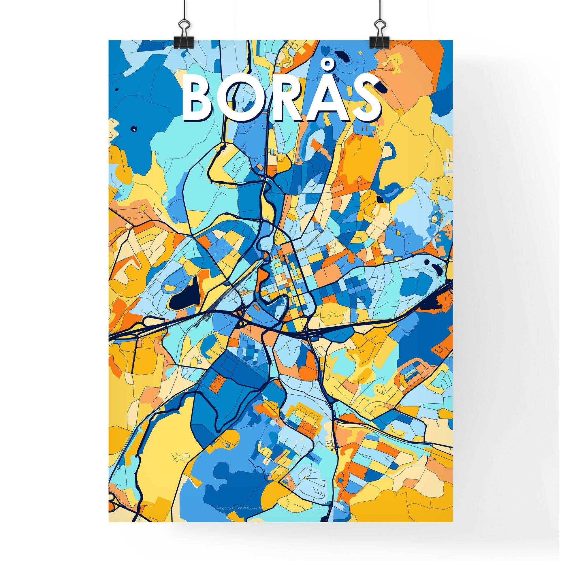 BORÅS SWEDEN Vibrant Colorful Art Map Poster Blue Orange