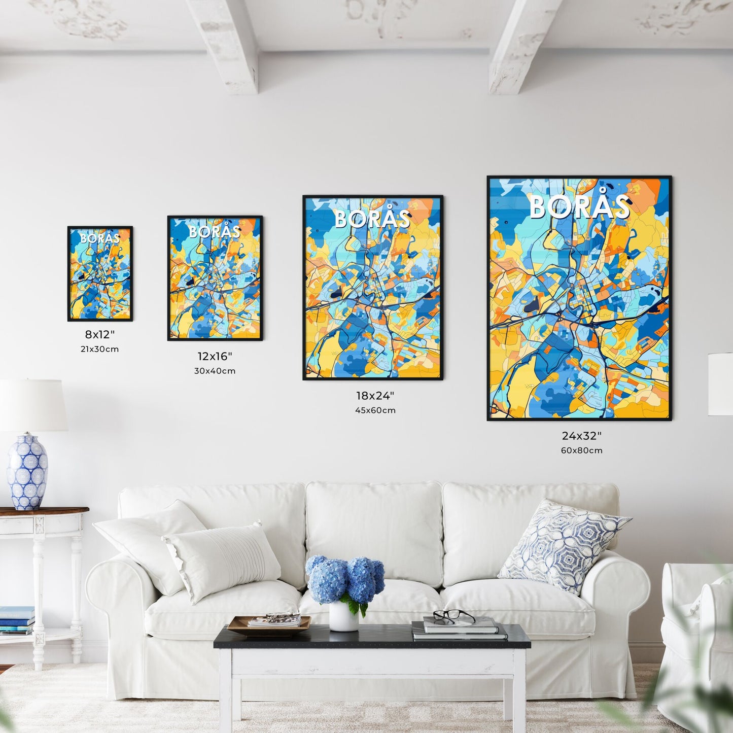 BORÅS SWEDEN Vibrant Colorful Art Map Poster Blue Orange