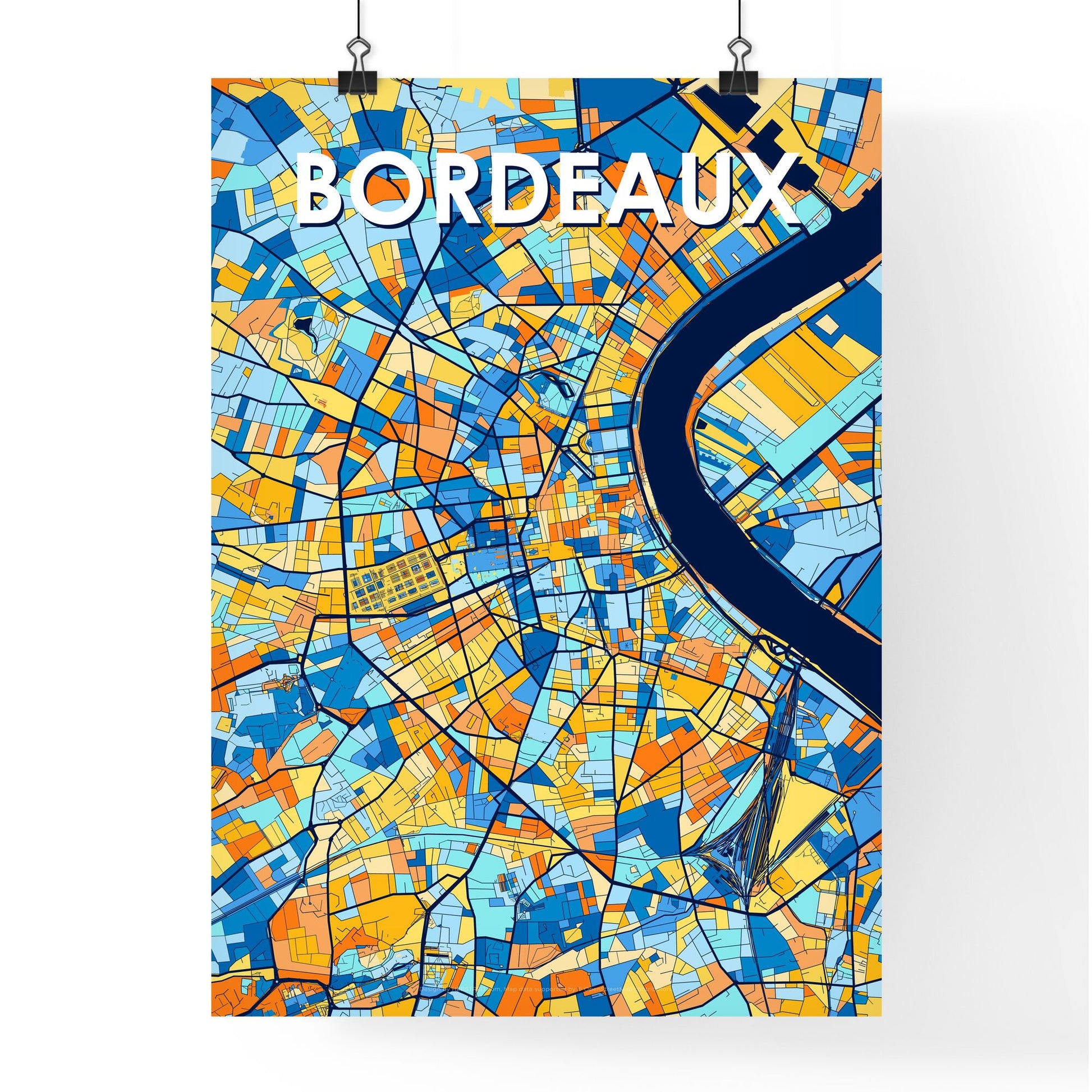 BORDEAUX FRANCE Vibrant Colorful Art Map Poster Blue Orange