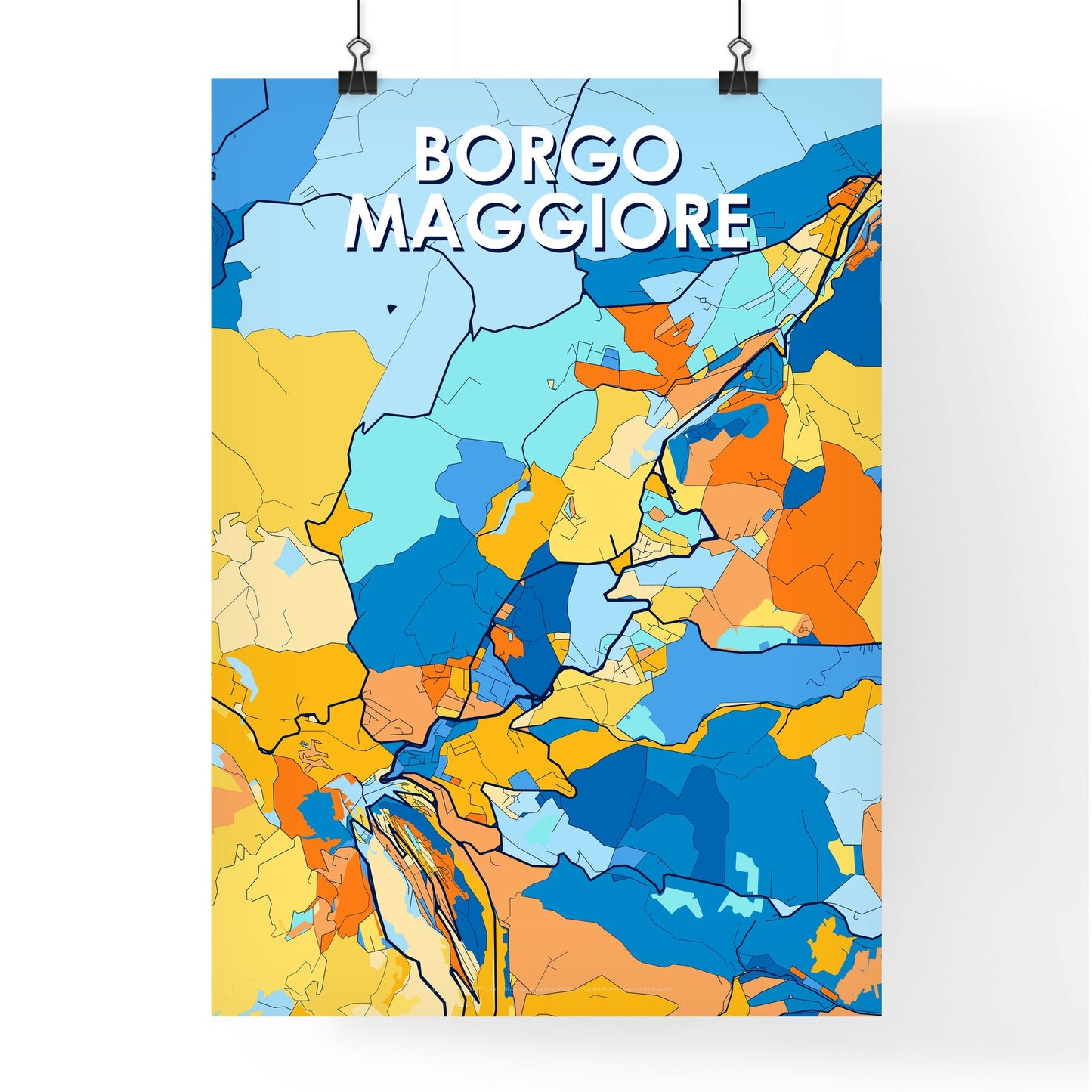 BORGO MAGGIORE SAN MARINO Vibrant Colorful Art Map Poster Blue Orange