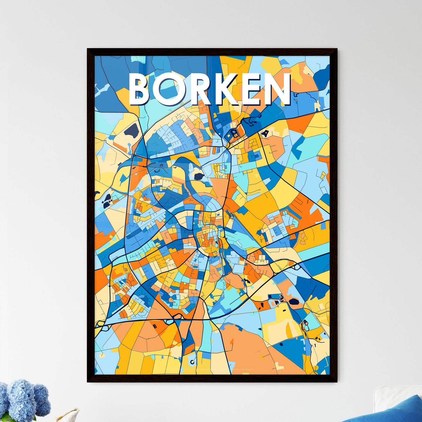 BORKEN GERMANY Vibrant Colorful Art Map Poster Blue Orange