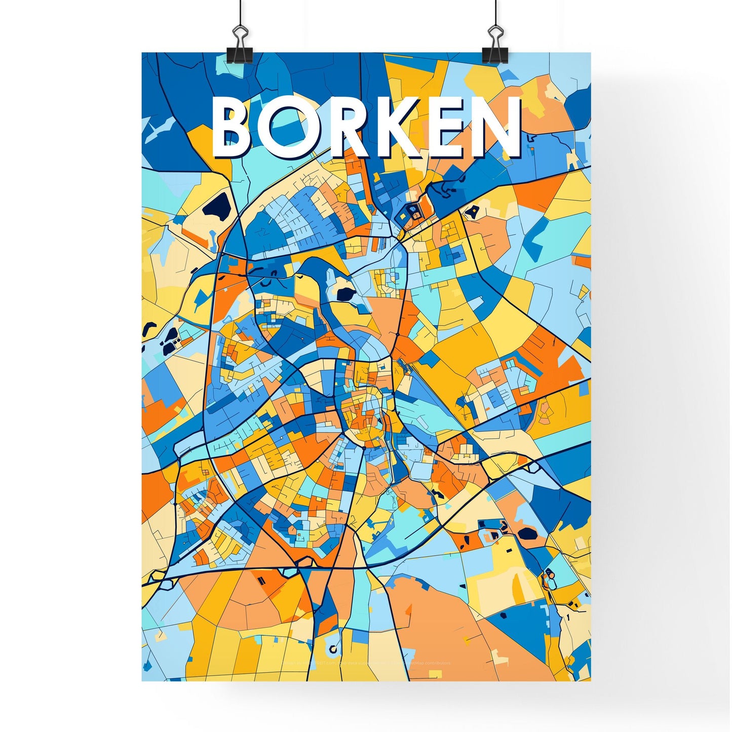 BORKEN GERMANY Vibrant Colorful Art Map Poster Blue Orange