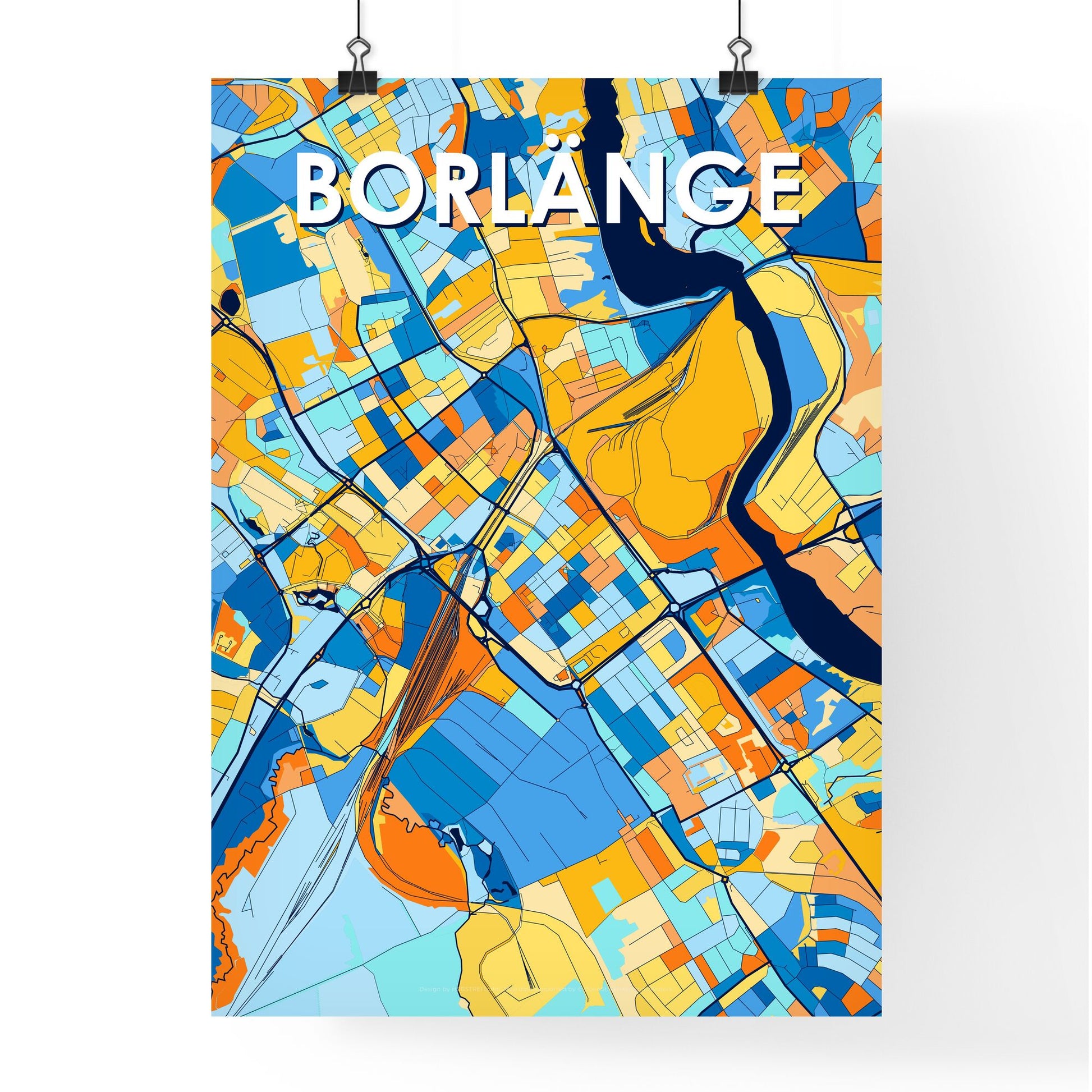 BORLÄNGE SWEDEN Vibrant Colorful Art Map Poster Blue Orange