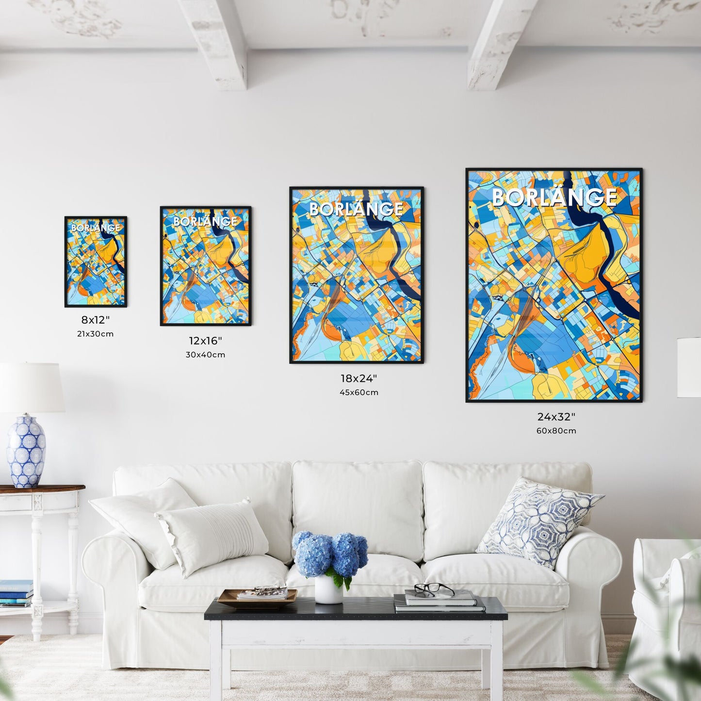 BORLÄNGE SWEDEN Vibrant Colorful Art Map Poster Blue Orange