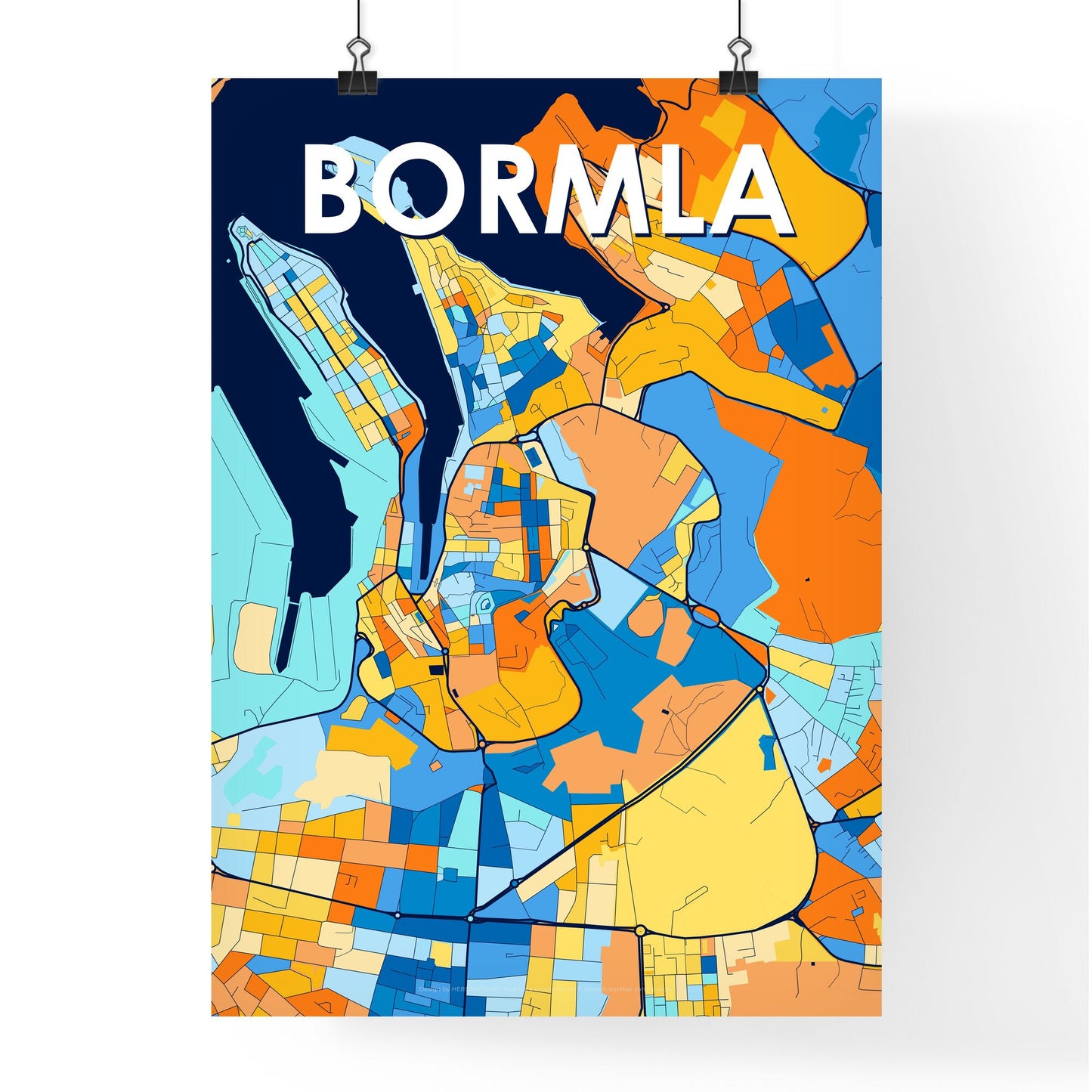 BORMLA MALTA Vibrant Colorful Art Map Poster Blue Orange