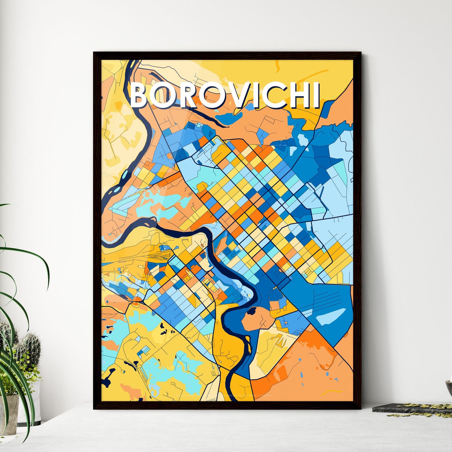 BOROVICHI RUSSIA Vibrant Colorful Art Map Poster Blue Orange