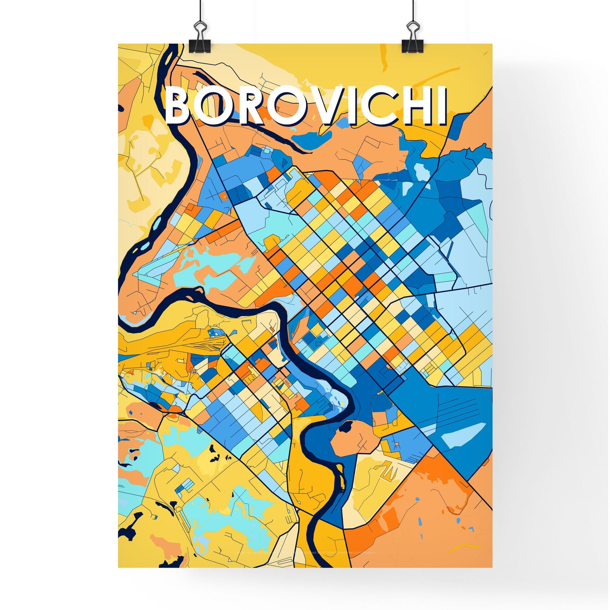 BOROVICHI RUSSIA Vibrant Colorful Art Map Poster Blue Orange