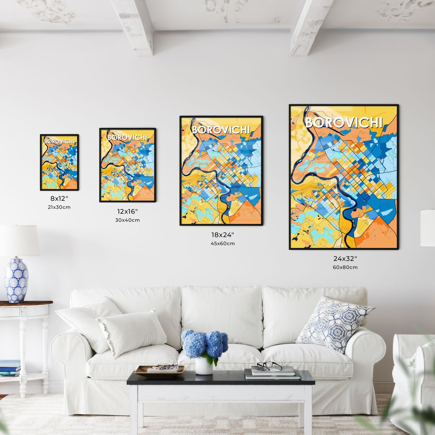 BOROVICHI RUSSIA Vibrant Colorful Art Map Poster Blue Orange