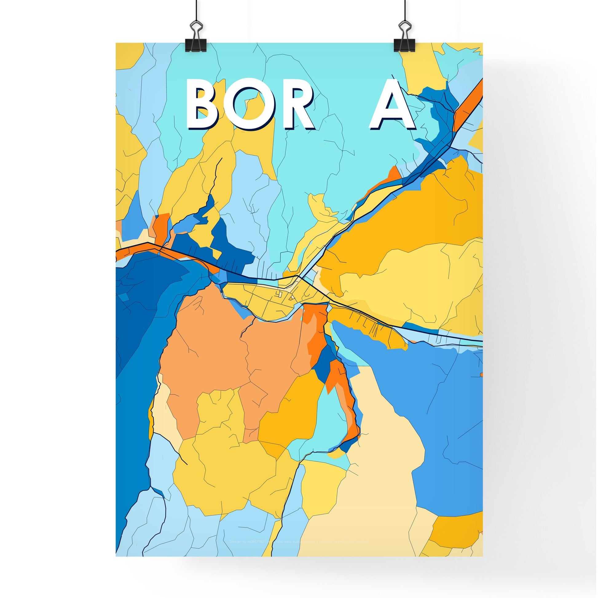 BORȘA ROMANIA Vibrant Colorful Art Map Poster Blue Orange