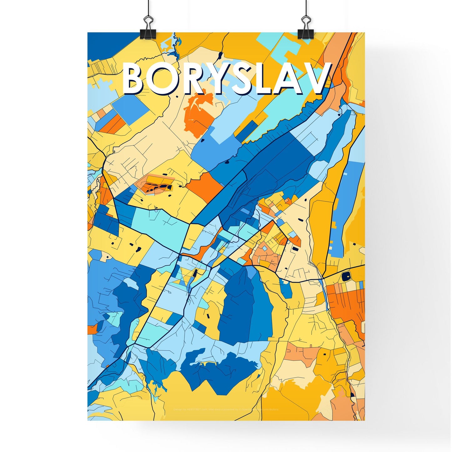 BORYSLAV UKRAINE Vibrant Colorful Art Map Poster Blue Orange